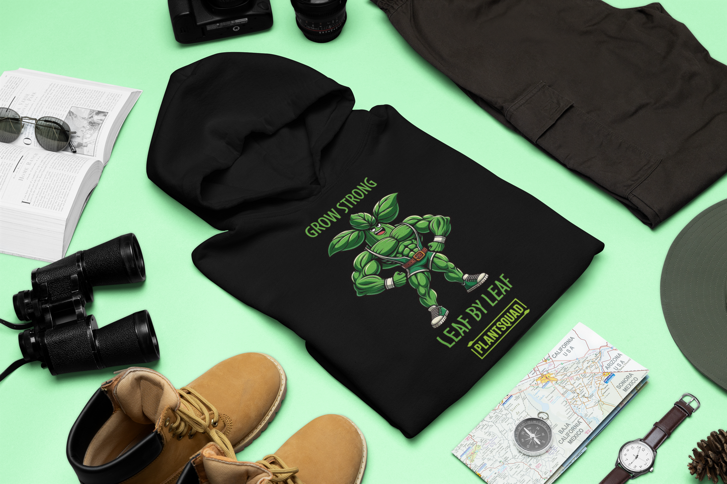 The **Plantsquad Basil "Grow Strong Leaf By Leaf" - Unisex Hoodie** features a green, plant-based cartoon superhero with basil leaves for muscles and a leaf emblem on the chest. Above the character, text reads "GROW STRONG." Below it says, "LEAF BY LEAF." At the bottom, there's a "PLANTSQUAD" logo. Perfect for showcasing your vegan lifestyle!