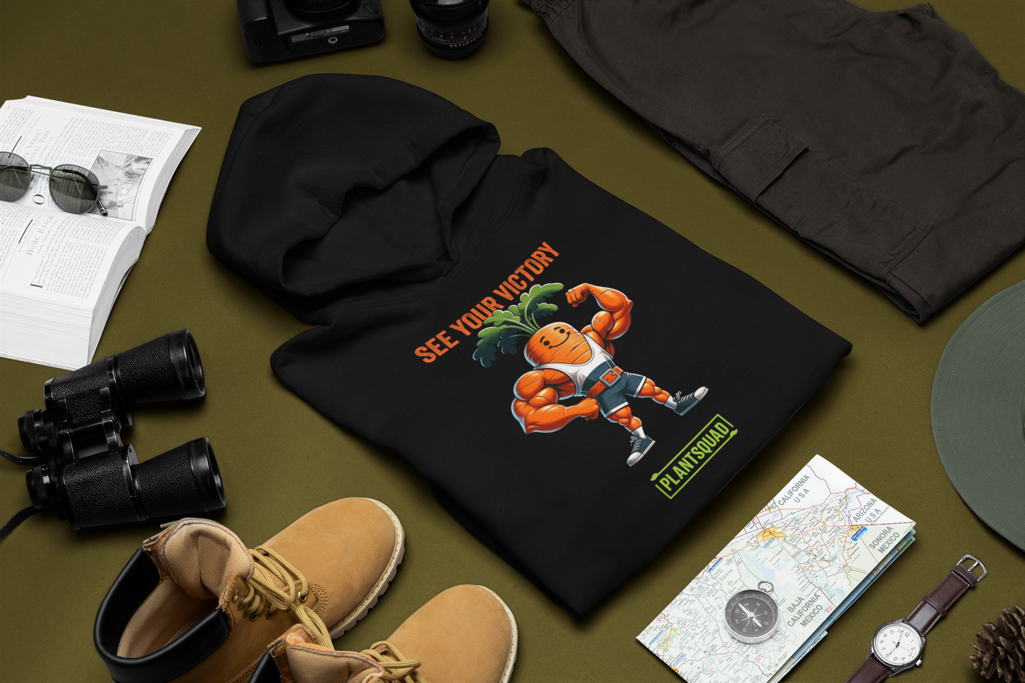 The Plantsquad Carrot "See Your Victory" - Unisex Hoodie features a muscular carrot cartoon flexing its muscles, wearing a white tank top and orange shorts. Above the carrot, the text reads "SEE YOUR VICTORY," and below it, a green banner says "PLANTSQUAD." Perfect for anyone embracing the vegan lifestyle.