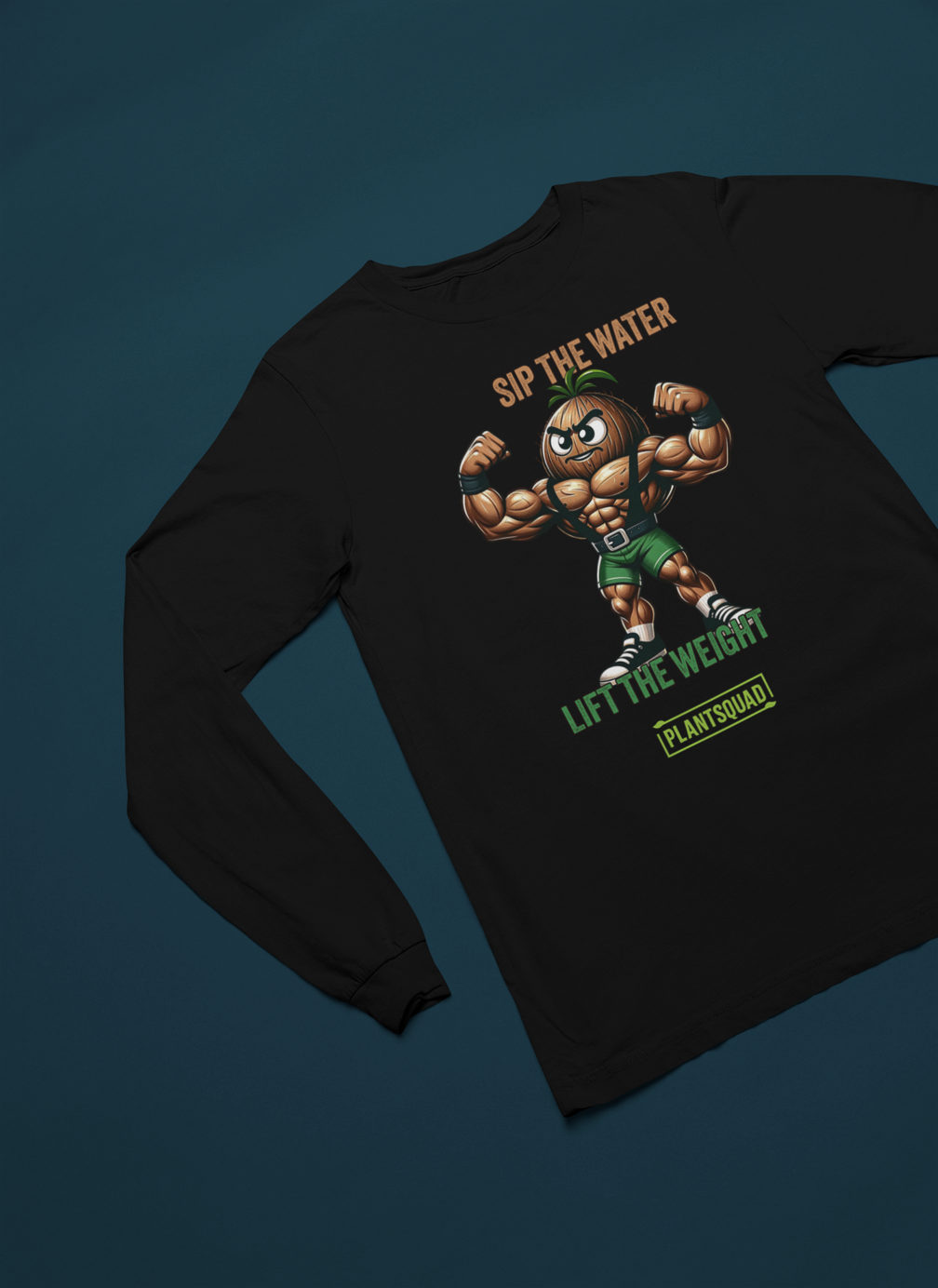 Black long-sleeve vegan fitness shirt featuring a muscly coconut cartoon lifting weights. Text above reads, "SIP THE WATER," and below, "LIFT THE WEIGHT." The word "PLANTSQUAD" appears at the bottom in a green rectangle. Perfect for anyone embracing a plant-based lifestyle.
Plantsquad Coconut "Sip The Water Lift The Weight" - Unisex Long Sleeve T-Shirt