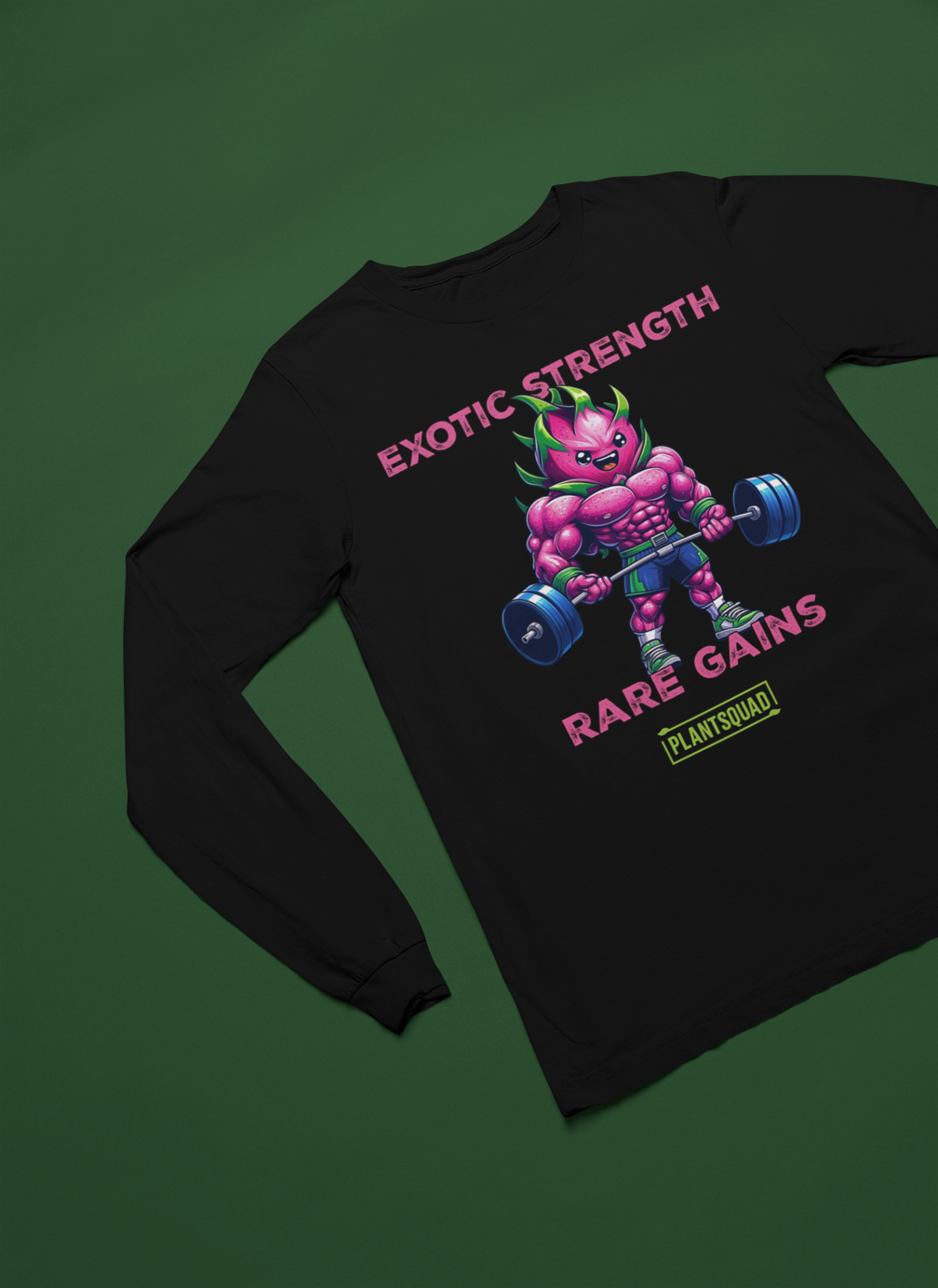 A Plantsquad Dragonfruit "Exotic Strength Rare Gains" - Unisex Long Sleeve T-Shirt featuring a bold, colorful illustration of a muscle-bound character with green hair lifting two dumbbells. The text "EXOTIC STRENGTH" appears above and "RARE GAINS" below the character, with "PLANTSQUAD" written at the bottom—a must-have for fitness enthusiasts embracing the vegan lifestyle.