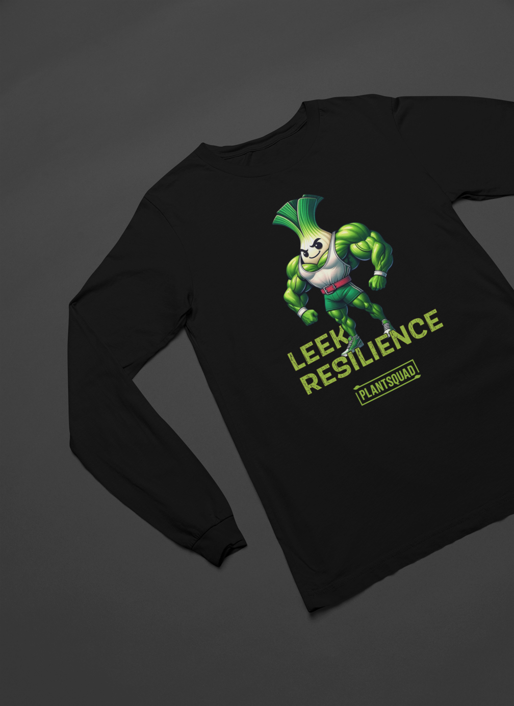 A Plantsquad Leek "Leek Resilience" - Unisex Long Sleeve T-Shirt featuring a muscly leek cartoon in a superhero costume. The text "LEEK RESILIENCE" appears boldly above "PLANTSQUAD." Perfect for embracing your vegan lifestyle and showcasing your fitness goals. The central leek character sports green arms and a determined expression.
