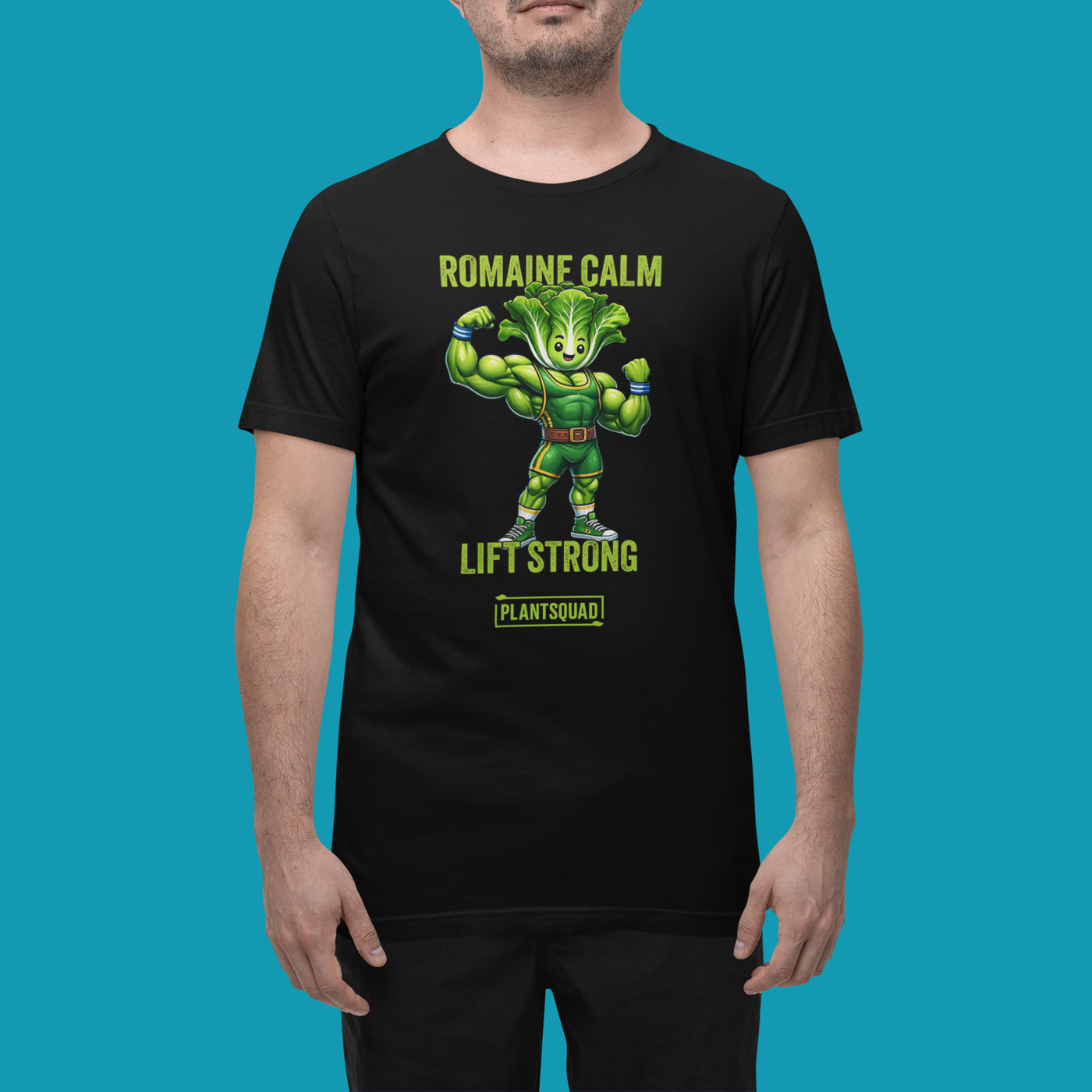 Product Name: Plantsquad Lettuce "Romaine Calm Lift Strong" - Unisex T-Shirt
Sentence: A black T-shirt featuring an illustration of a muscular, anthropomorphic lettuce lifting weights. Perfect for fitness enthusiasts embracing a vegan lifestyle, it reads "ROMAINE CALM" above the illustration and "LIFT STRONG" below, with "Plantsquad Lettuce 'Romaine Calm Lift Strong' - Unisex T-Shirt" at the bottom.