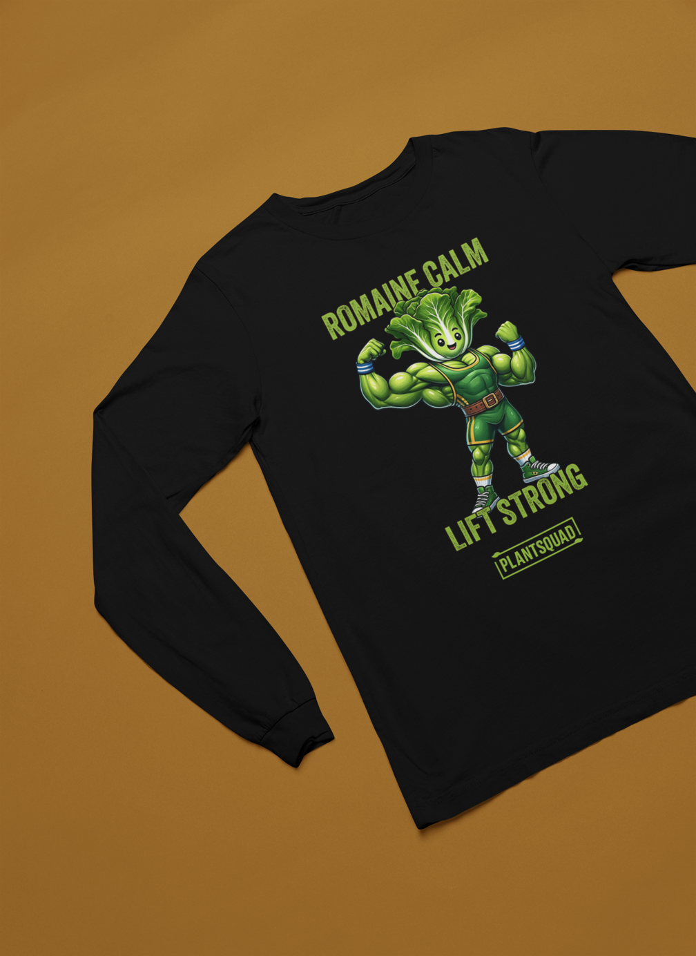 A Plantsquad Lettuce "Romaine Calm Lift Strong" - Unisex Long Sleeve T-Shirt featuring a muscular cartoon lettuce character flexing its arms. Above the character, the text reads "Romaine Calm," and below, "Lift Strong." Perfect for fitness enthusiasts embracing a vegan lifestyle, it features a green "PLANTSQUAD" logo at the bottom.