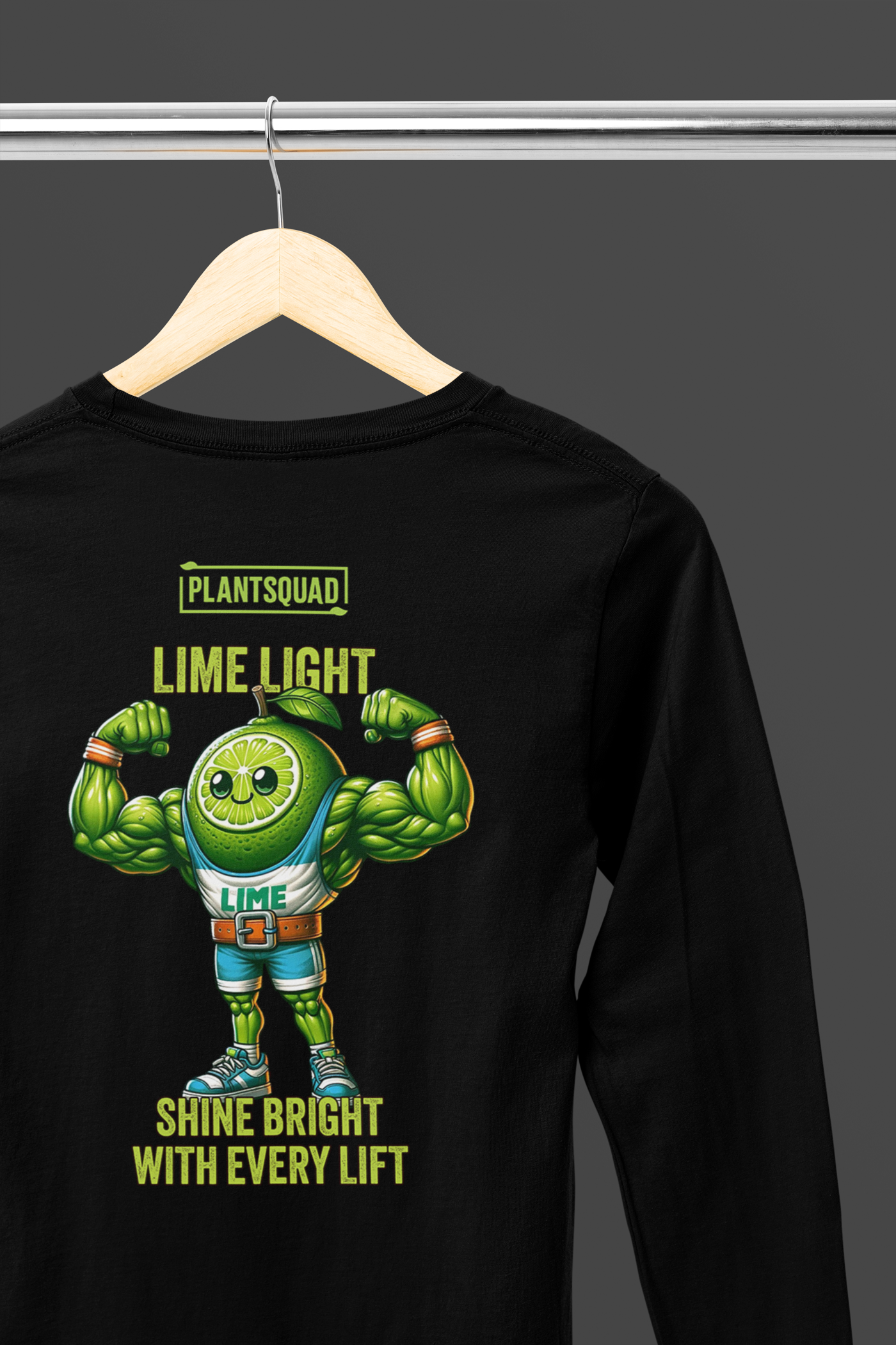 Plantsquad Lime "Lime Light Shine Bright With Every Lift" - Unisex Long Sleeve T-Shirt featuring a muscly lime cartoon with muscular arms flexing. The lime wears a sweatband and shorts, with text "PLANTSQUAD" above, "LIME LIGHT” on the shirt, and “SHINE BRIGHT WITH EVERY LIFT” below—perfect for fitness enthusiasts embracing the vegan lifestyle.