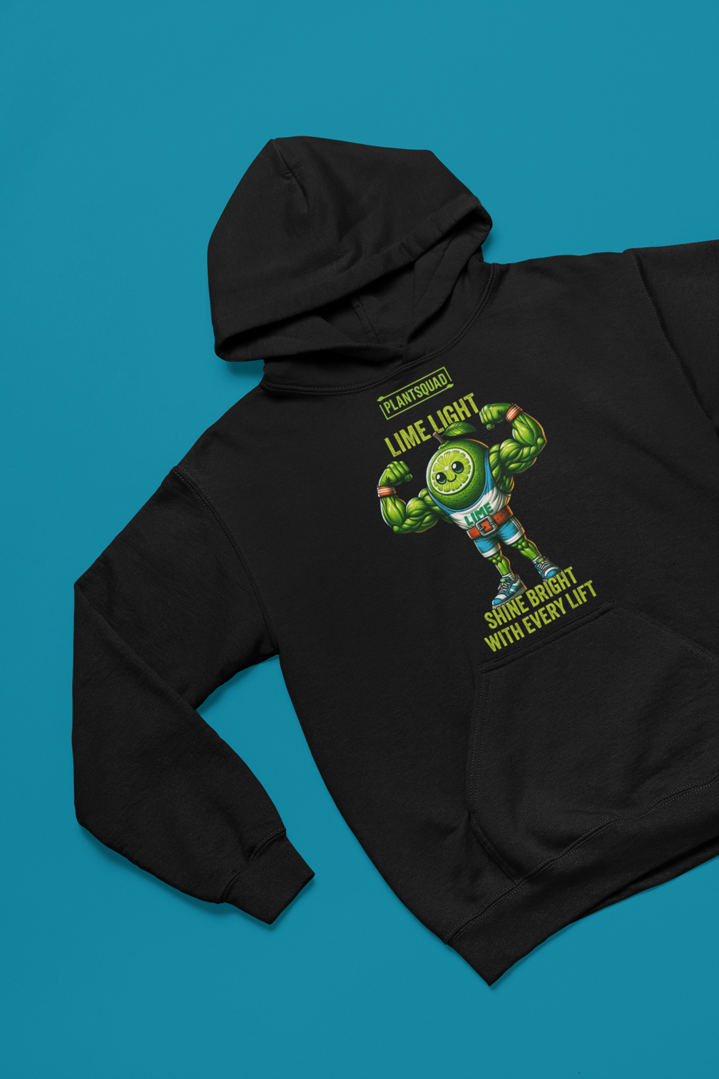 The Plantsquad Lime "Lime Light Shine Bright With Every Lift" - Unisex Hoodie features a muscular, smiling lime character flexing its biceps. The text above reads "PLANTSQUAD" and "LIME LIGHT," while below it says "SHINE BRIGHT WITH EVERY LIFT." Perfect for those embracing a plant-based lifestyle, the bright green lime stands out against the dark background.