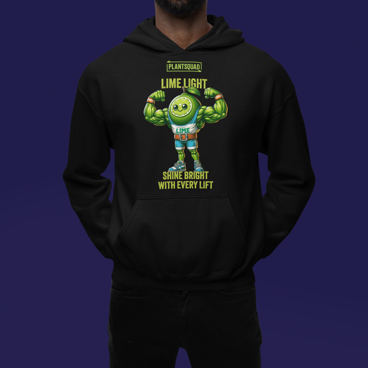 The Plantsquad Lime "Lime Light Shine Bright With Every Lift" - Unisex Hoodie features a muscular, smiling lime character flexing its biceps. The text above reads "PLANTSQUAD" and "LIME LIGHT," while below it says "SHINE BRIGHT WITH EVERY LIFT." Perfect for those embracing a plant-based lifestyle, the bright green lime stands out against the dark background.