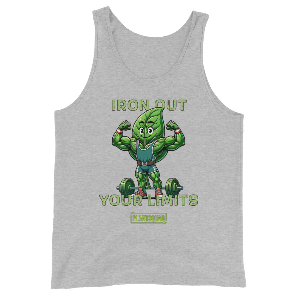 A Plantsquad Spinach "Iron Out Your Limits" - Unisex Tank Top features a cartoon muscular leaf character lifting weights, with the text "IRON OUT YOUR LIMITS" above and below the character, perfect for gym enthusiasts. Below the text is a logo with "PLANTSQUAD" written on it. Crafted from breathable fabric, it's ideal for a plant-based lifestyle.