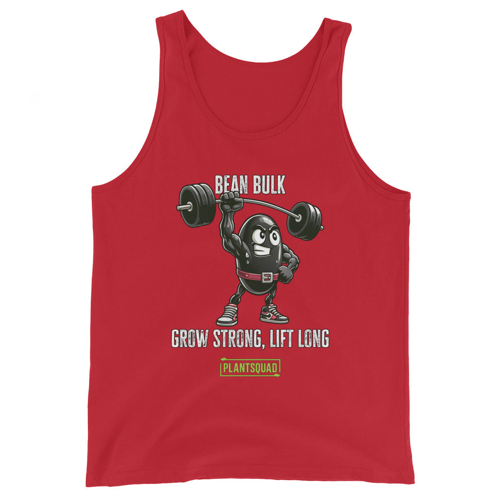 The Plantsquad Black Bean "Bean Bulk Grow Strong Lift Long" - Unisex Tank Top features a cartoon bean character lifting a barbell with the text "BEAN BULK" above and "GROW STRONG, LIFT LONG" below. Perfect for gym enthusiasts embracing a plant-based lifestyle, it has the logo "PLANTSQUAD" in green at the bottom. The bean wears red gloves, a red belt, and red shoes.
