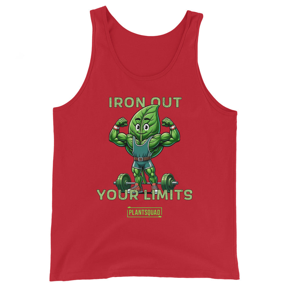 A Plantsquad Spinach "Iron Out Your Limits" - Unisex Tank Top features a cartoon muscular leaf character lifting weights, with the text "IRON OUT YOUR LIMITS" above and below the character, perfect for gym enthusiasts. Below the text is a logo with "PLANTSQUAD" written on it. Crafted from breathable fabric, it's ideal for a plant-based lifestyle.