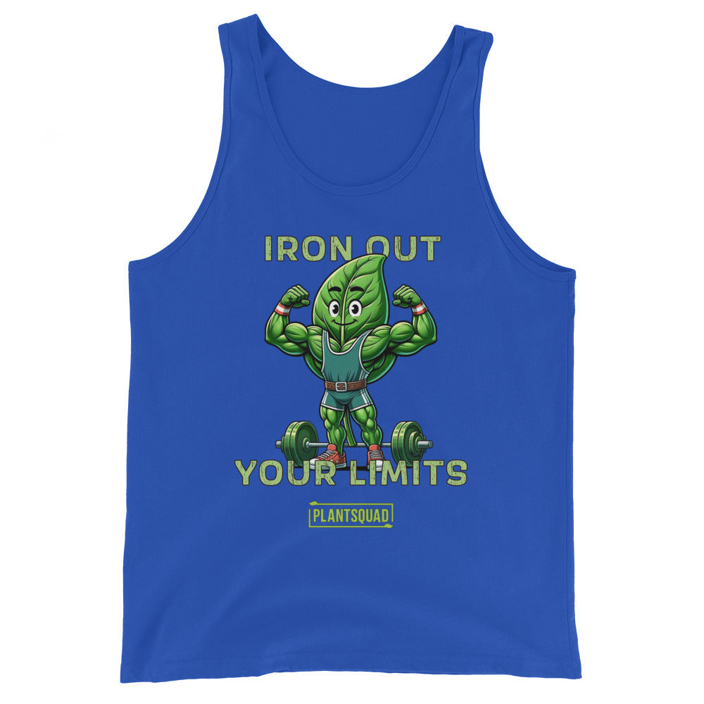 A Plantsquad Spinach "Iron Out Your Limits" - Unisex Tank Top features a cartoon muscular leaf character lifting weights, with the text "IRON OUT YOUR LIMITS" above and below the character, perfect for gym enthusiasts. Below the text is a logo with "PLANTSQUAD" written on it. Crafted from breathable fabric, it's ideal for a plant-based lifestyle.