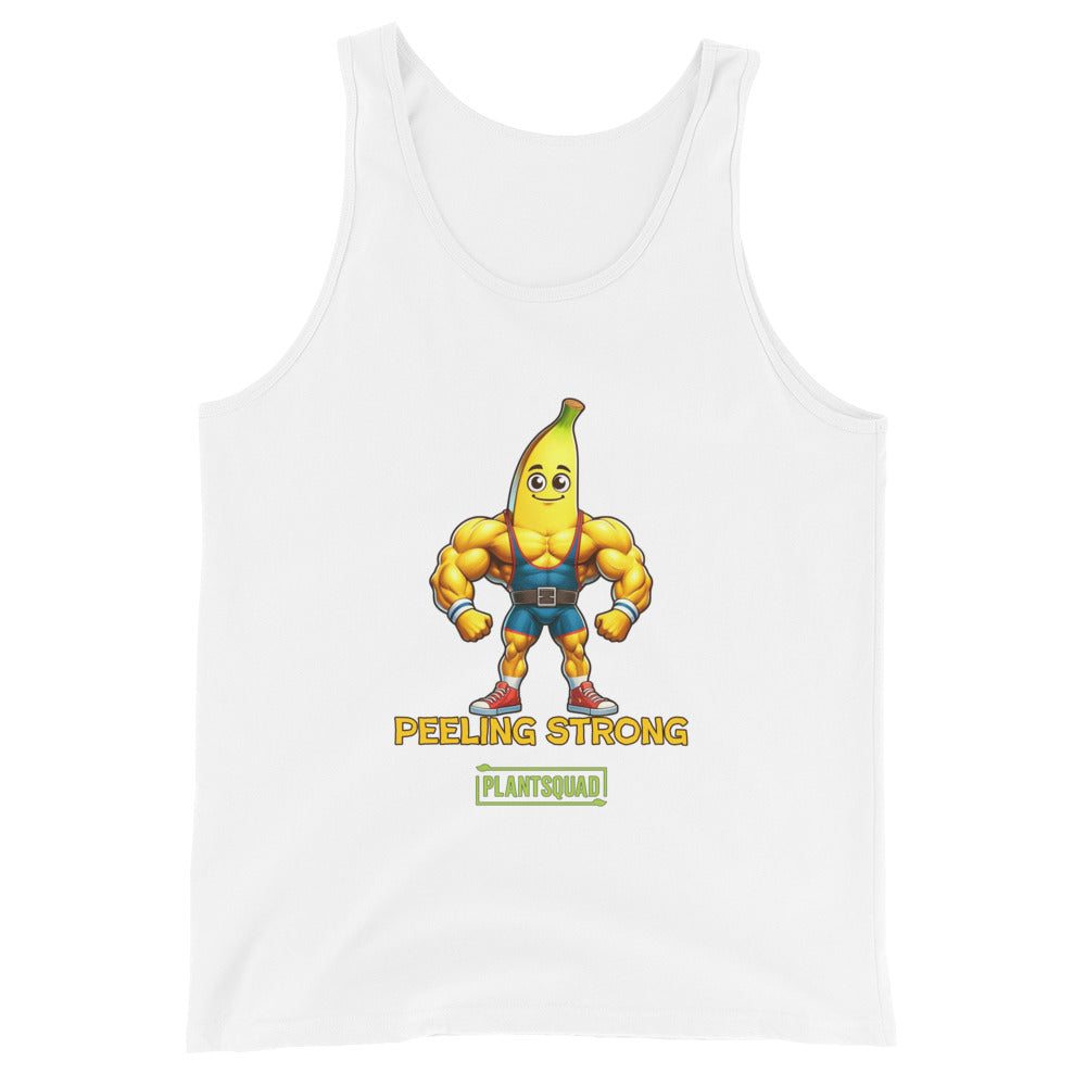 A Plantsquad Banana "Peeling Strong" - Unisex Tank Top features a muscly banana cartoon with a muscular human body, wearing gym clothes and flexing its arms. The text "PEELING STRONG" is written below the image, with "PLANTSQUAD" displayed underneath in a green rectangle, perfect for those embracing a plant-based lifestyle and vegan gym wear.