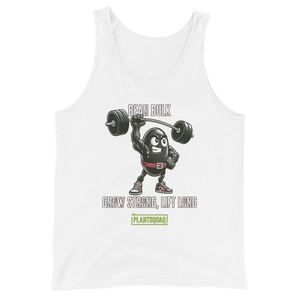 The Plantsquad Black Bean "Bean Bulk Grow Strong Lift Long" - Unisex Tank Top features a cartoon bean character lifting a barbell with the text "BEAN BULK" above and "GROW STRONG, LIFT LONG" below. Perfect for gym enthusiasts embracing a plant-based lifestyle, it has the logo "PLANTSQUAD" in green at the bottom. The bean wears red gloves, a red belt, and red shoes.