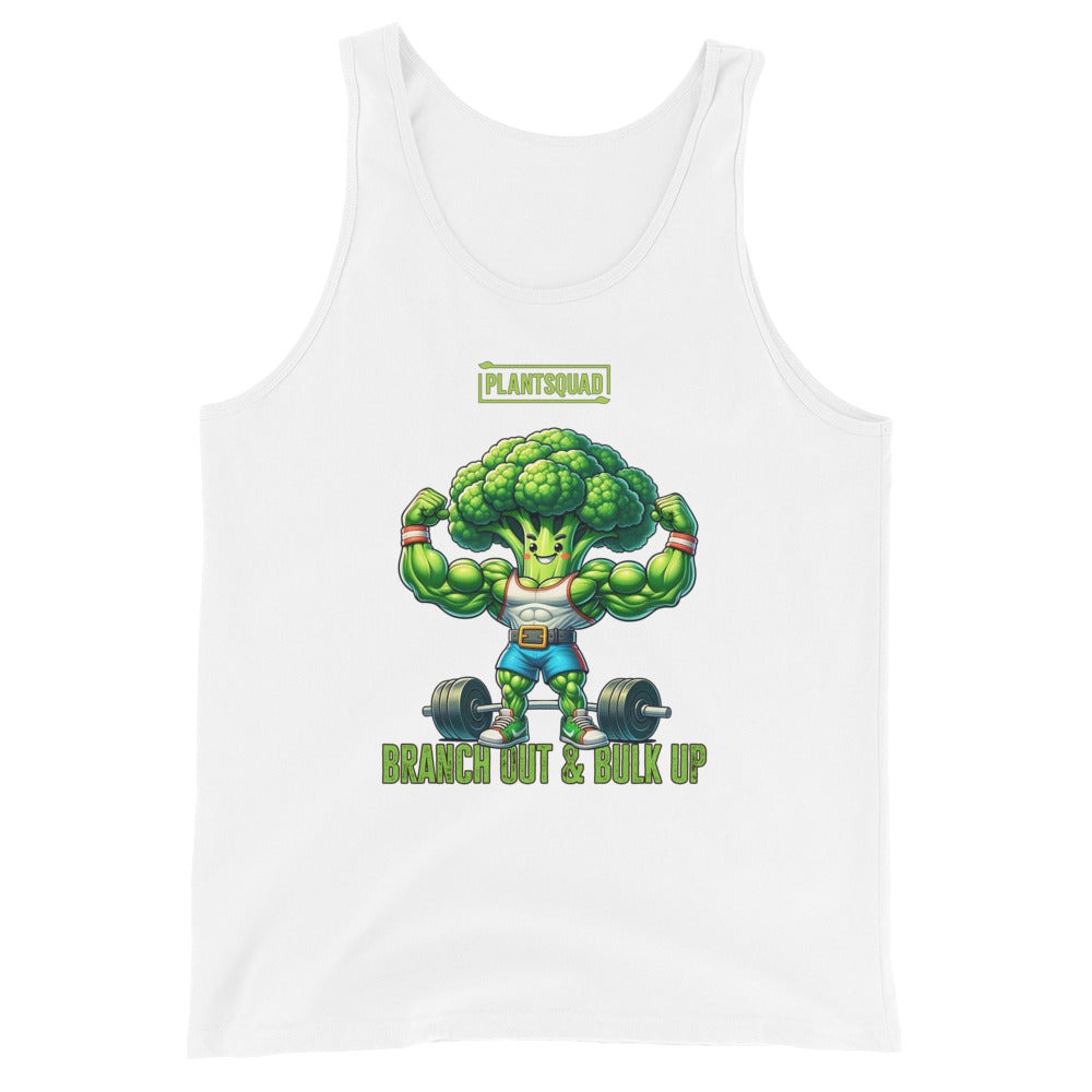 A Plantsquad Broccoli "Branch Out & Bulk Up" - Unisex Tank Top featuring a cartoon broccoli character with muscular arms lifting a barbell. Designed for vegan gym enthusiasts, it has the text "PLANTSQUAD" above the character and "BRANCH OUT & BULK UP?" below, all printed on breathable fabric ideal for your plant-based lifestyle.