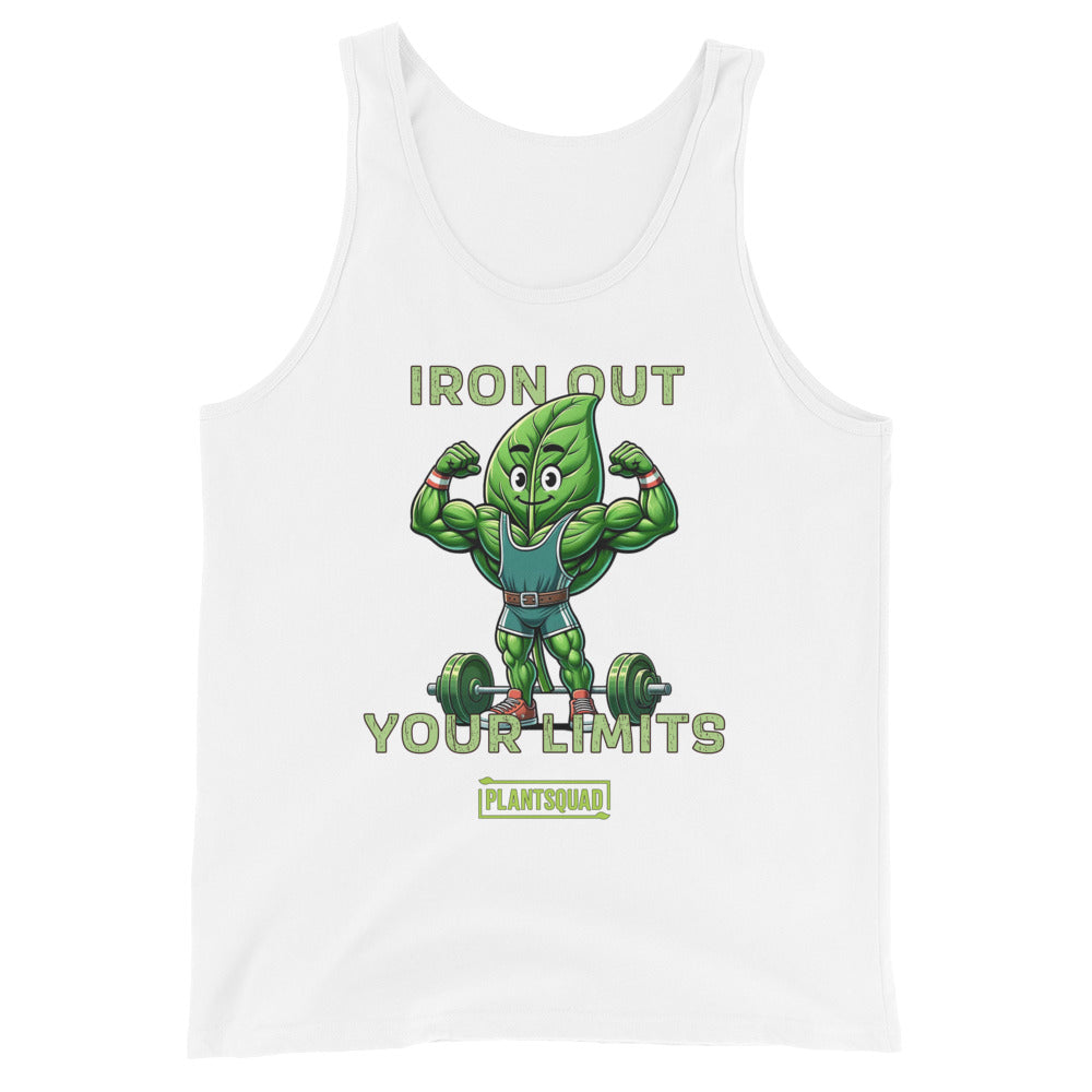 A Plantsquad Spinach "Iron Out Your Limits" - Unisex Tank Top features a cartoon muscular leaf character lifting weights, with the text "IRON OUT YOUR LIMITS" above and below the character, perfect for gym enthusiasts. Below the text is a logo with "PLANTSQUAD" written on it. Crafted from breathable fabric, it's ideal for a plant-based lifestyle.