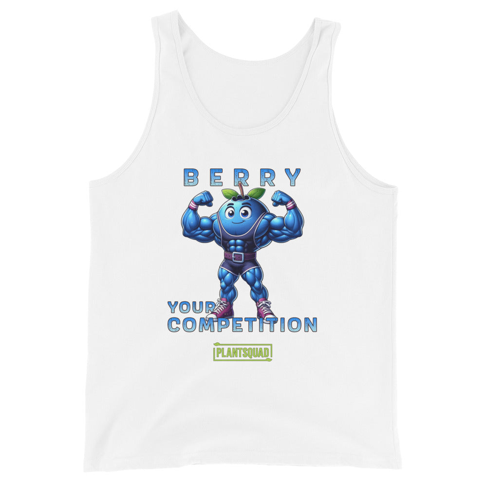 The Plantsquad Blueberry "Berry Your Competition" - Unisex Tank Top for gym enthusiasts features a muscular cartoon blueberry character flexing its arms. Above the character, text reads "BERRY," and below the character, text reads "YOUR COMPETITION." Made from breathable fabric, it also includes a green and yellow "PLANTSQUAD" logo at the bottom.