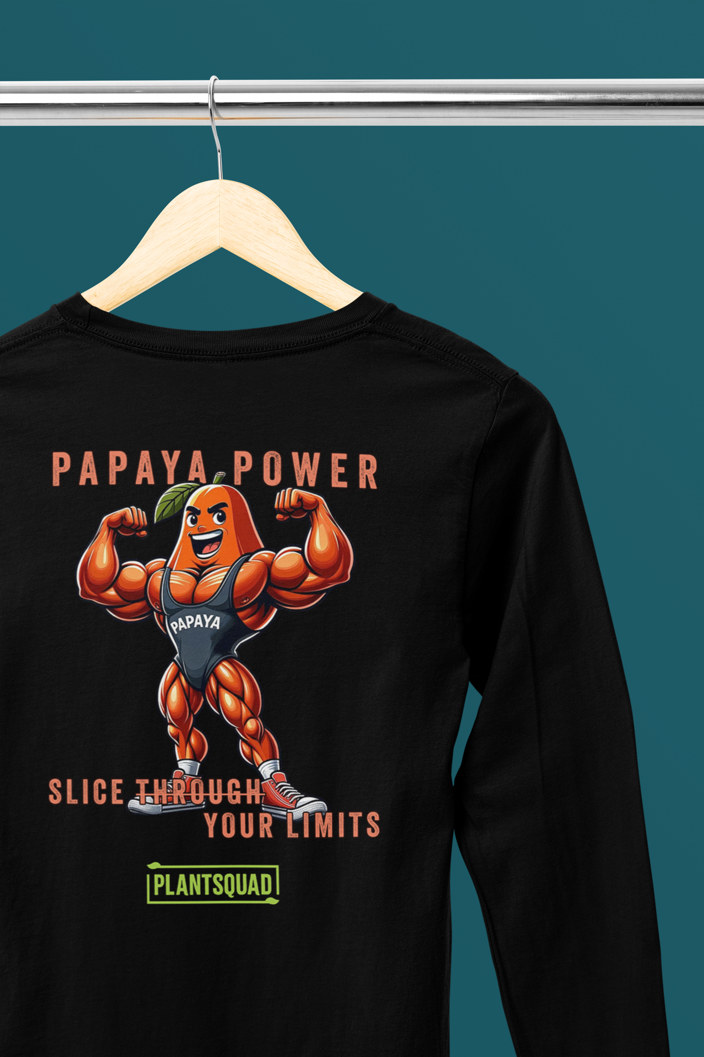 A Plantsquad Papaya "Papaya Power Slice Through Your Limits" - Unisex Long Sleeve T-Shirt features a muscular papaya character flexing its arms. The text reads "PAPAYA POWER SLICE" at the top, "SLICE THROUGH YOUR LIMITS" in the middle, and "PLANTSQUAD" at the bottom. Perfect for fitness enthusiasts embracing a vegan lifestyle, the papaya is wearing sneakers and a blue leotard.