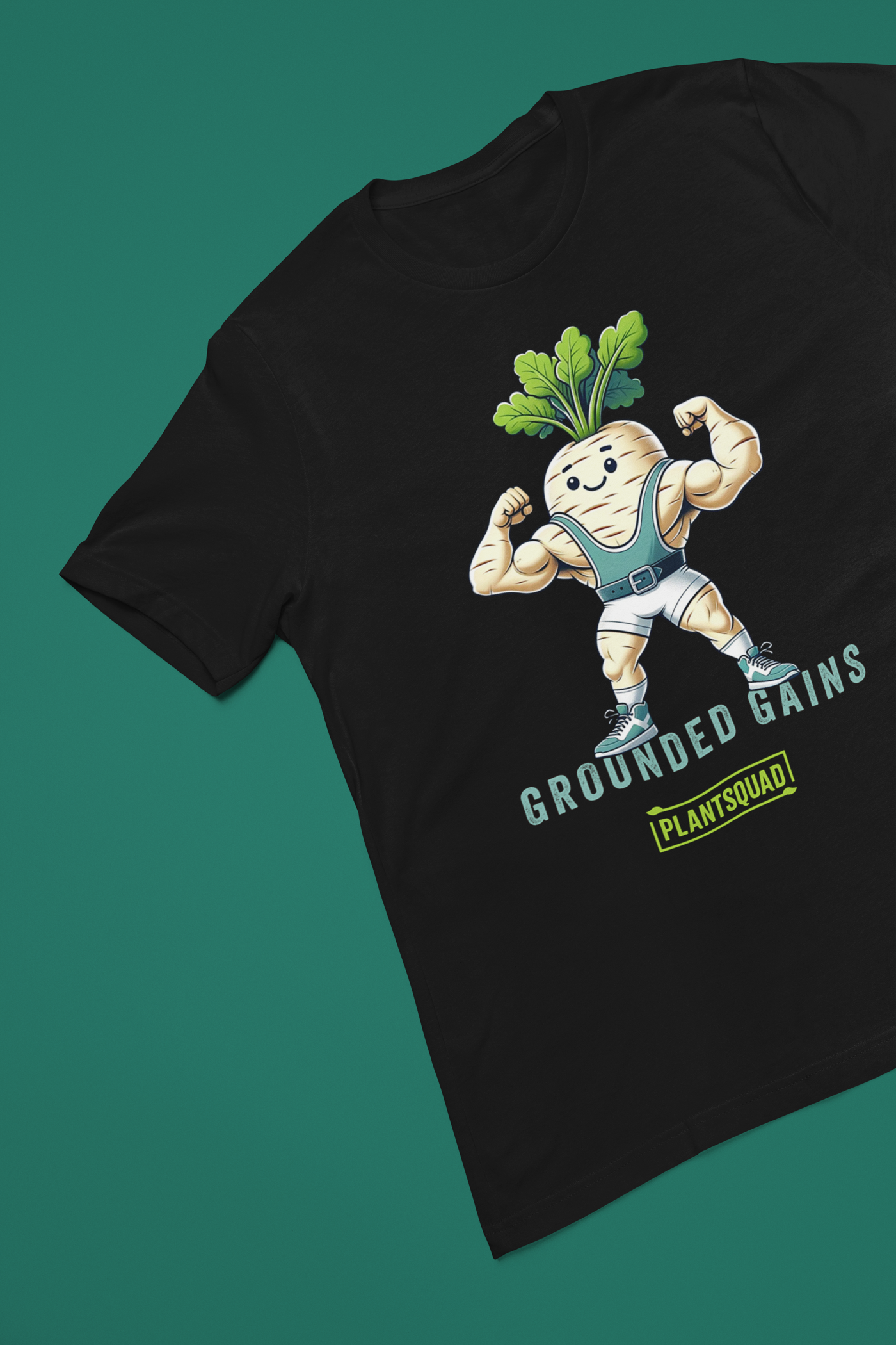 A black vegan T-shirt featuring an illustration of a muscular radish character flexing its arms. Above the character are the words "Grounded Gains," and below is a green box with "Plantsquad" written inside. The design promotes plant-based strength and fitness apparel for a plant-based lifestyle.
Product Name: Plantsquad Parsnip "Grounded Gains" - Unisex T-Shirt