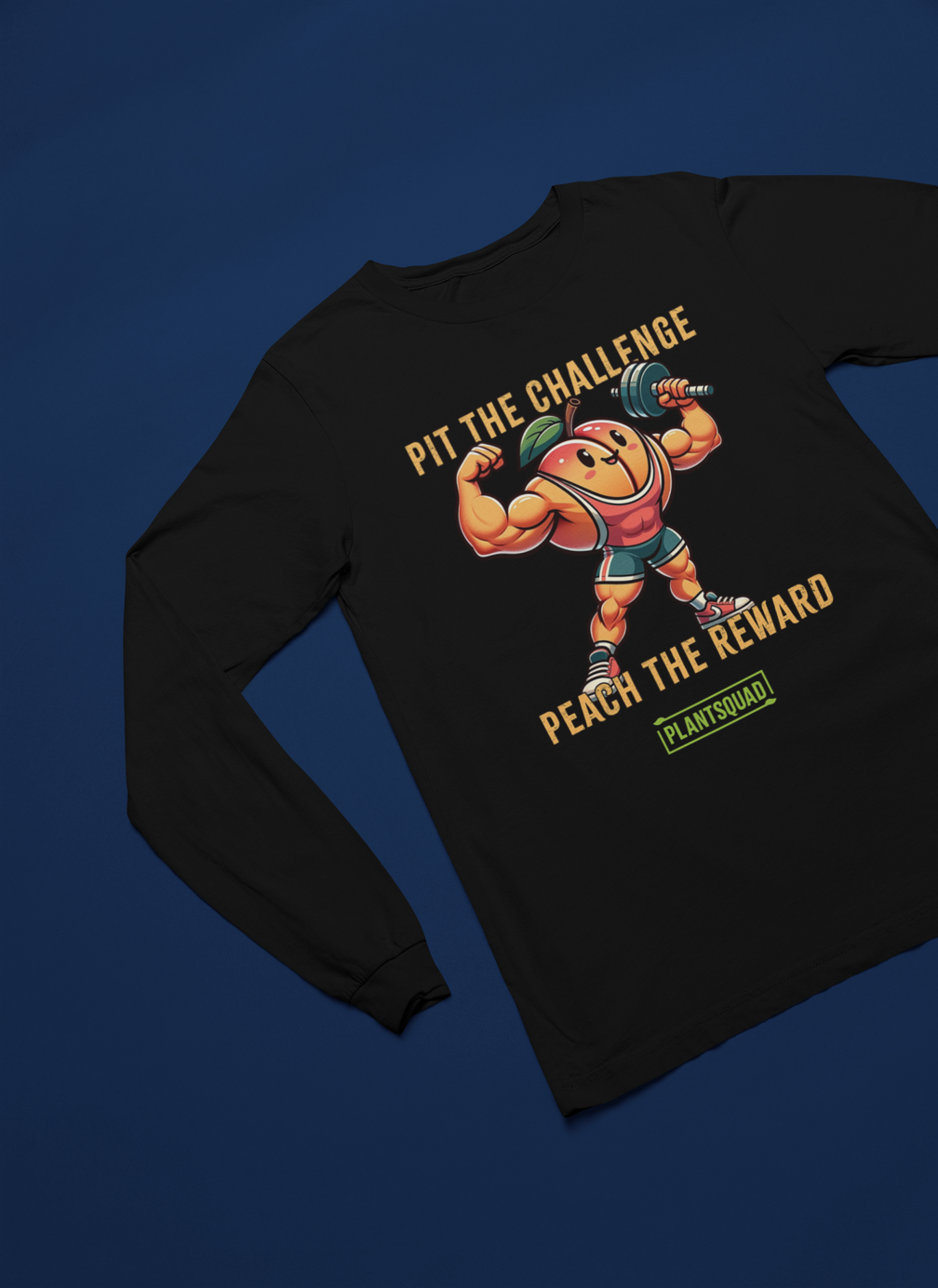 A Plantsquad Peach "Pit The Challenge Peach The Rewards" - Unisex Long Sleeve T-Shirt featuring a muscly peach cartoon character lifting a dumbbell. The text reads, "PIT THE CHALLENGE, PEACH THE REWARD" with a "PLANTSQUAD" logo beneath it. Perfect for fitness enthusiasts embracing the vegan lifestyle, the peach has a happy, determined expression and is wearing workout gear.