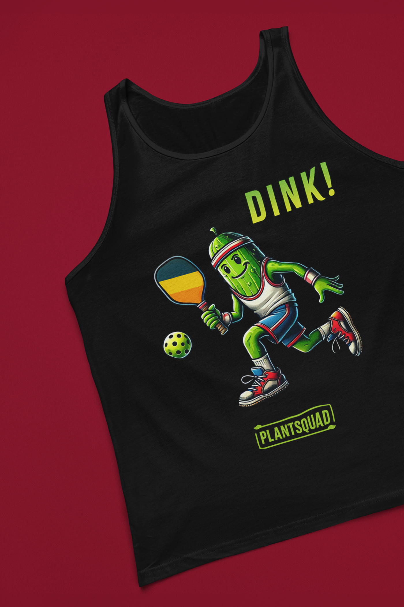 A tank top featuring a pickle playing pickleball. There is a caption listed as "Dink!", with a small green logo "PLANTSQUAD" underneath. Perfect for those who love pickleball.