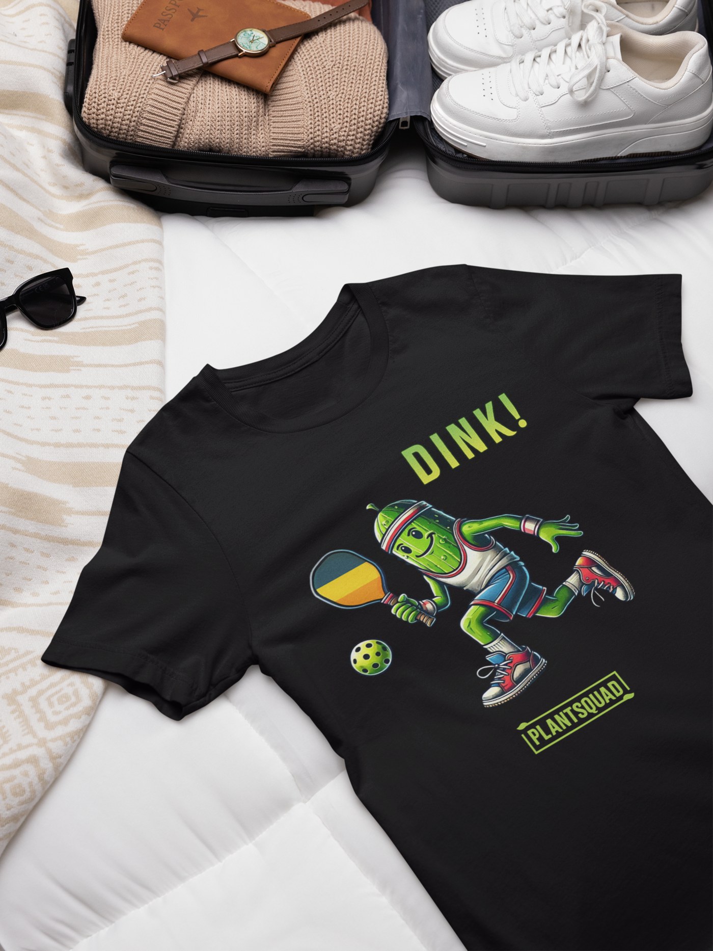 A flat t-shirt featuring a pickle playing pickleball. There is a caption listed as "Dink!", with a small green logo "PLANTSQUAD" underneath. Perfect for those who love pickleball.