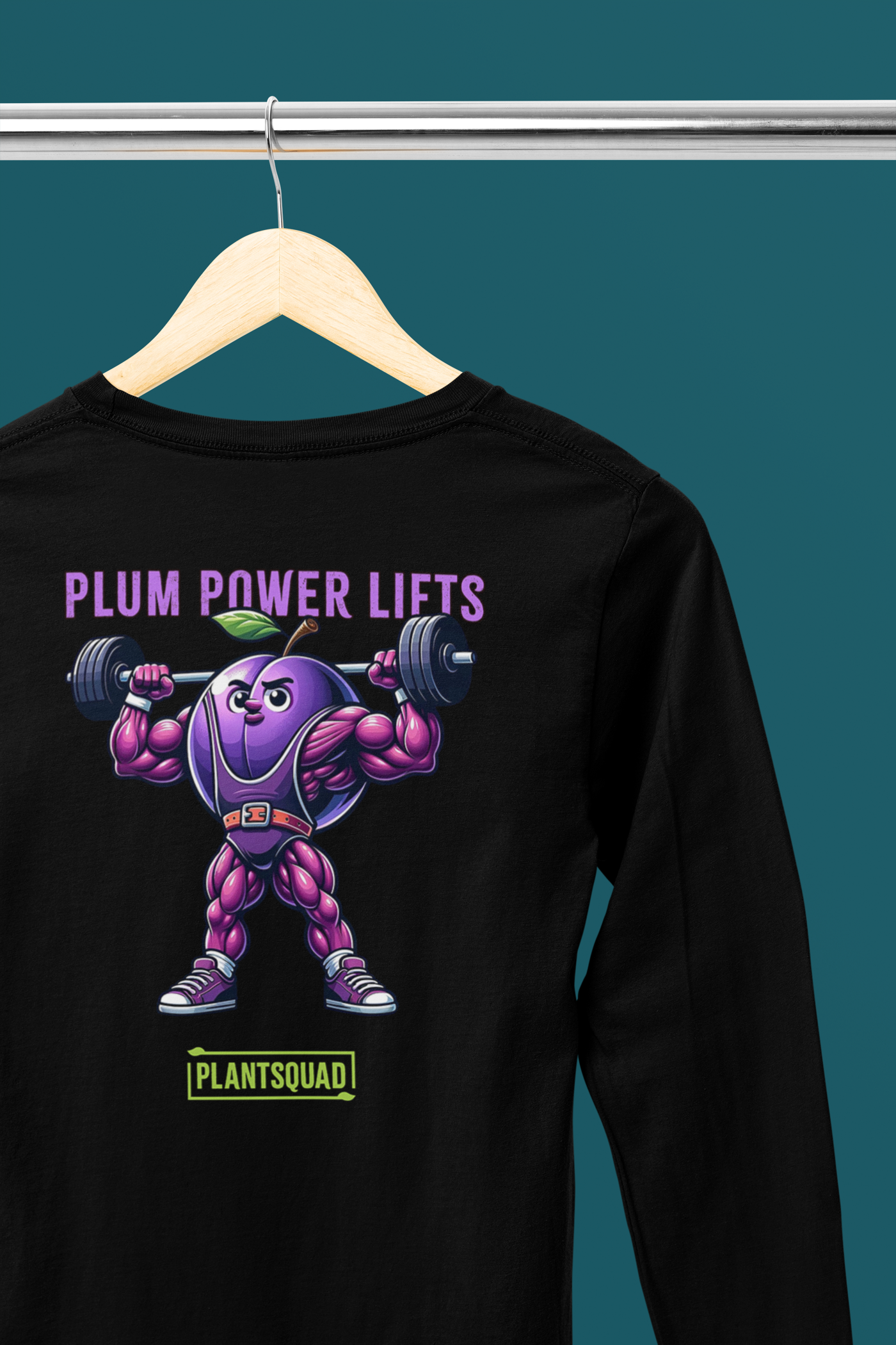 A black long-sleeve shirt featuring a weight-lifting plum cartoon, showcasing a muscular plum lifting barbells. Above the plum, the text reads "PLUM POWER LIFTS" in purple, and below it, the text reads "PLANTSQUAD" in green and yellow—a perfect pick for fitness enthusiasts embracing a vegan lifestyle. This is the Plantsquad Plum "Plum Power Lifts" - Unisex Long Sleeve T-Shirt.