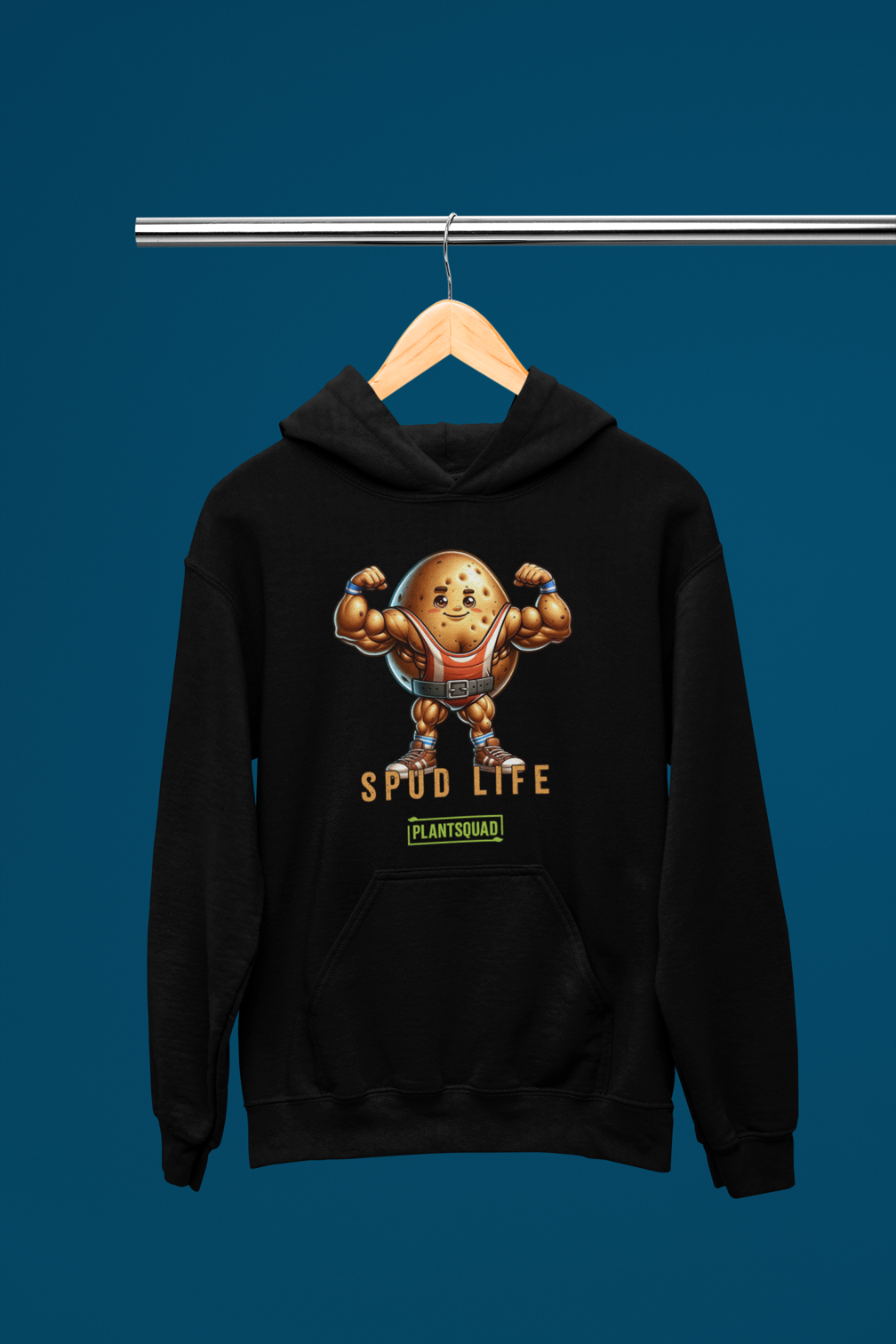 The Plantsquad Potato "Spud Life" - Unisex Hoodie features a black design with a muscular potato character flexing its arms above the words "SPUD LIFE." Below, a label reads "PLANT SQUAD," reflecting a vegan lifestyle. The vibrant and determined potato makes this hoodie perfect for fans of weight lifting.