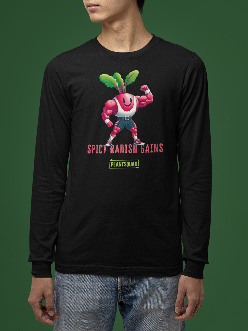 Plantsquad Radish "Spicy Radish Gains" - Unisex Long Sleeve T-Shirt featuring a cartoon image of a muscular, flexing radish in blue shorts and a white belt. Text below the image reads "SPICY RADISH GAINS" in red, with "PLANTSQUAD" in green beneath it. Perfect for fitness enthusiasts embracing a vegan lifestyle.