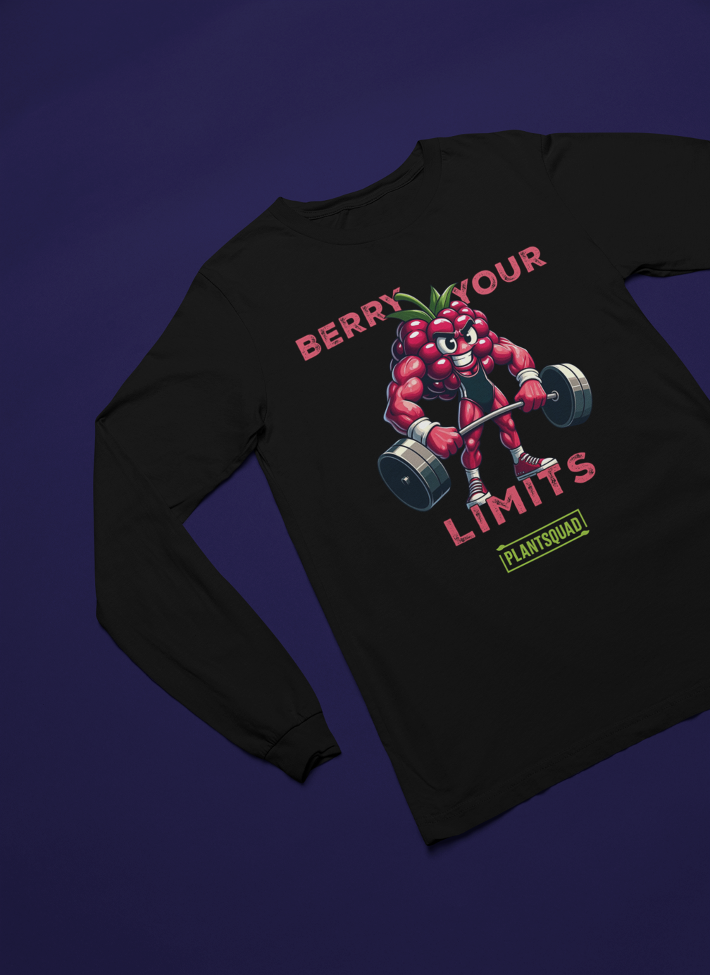 A Plantsquad Raspberry "Berry Your Limits" - Unisex Long Sleeve T-Shirt features an illustration of a muscly raspberry cartoon with a determined expression, lifting heavy barbells. Above the character, it says "Berry Your Limits" in bold pink letters. Below the character is the logo "Plantsquad," catering perfectly to fitness enthusiasts and the vegan lifestyle.