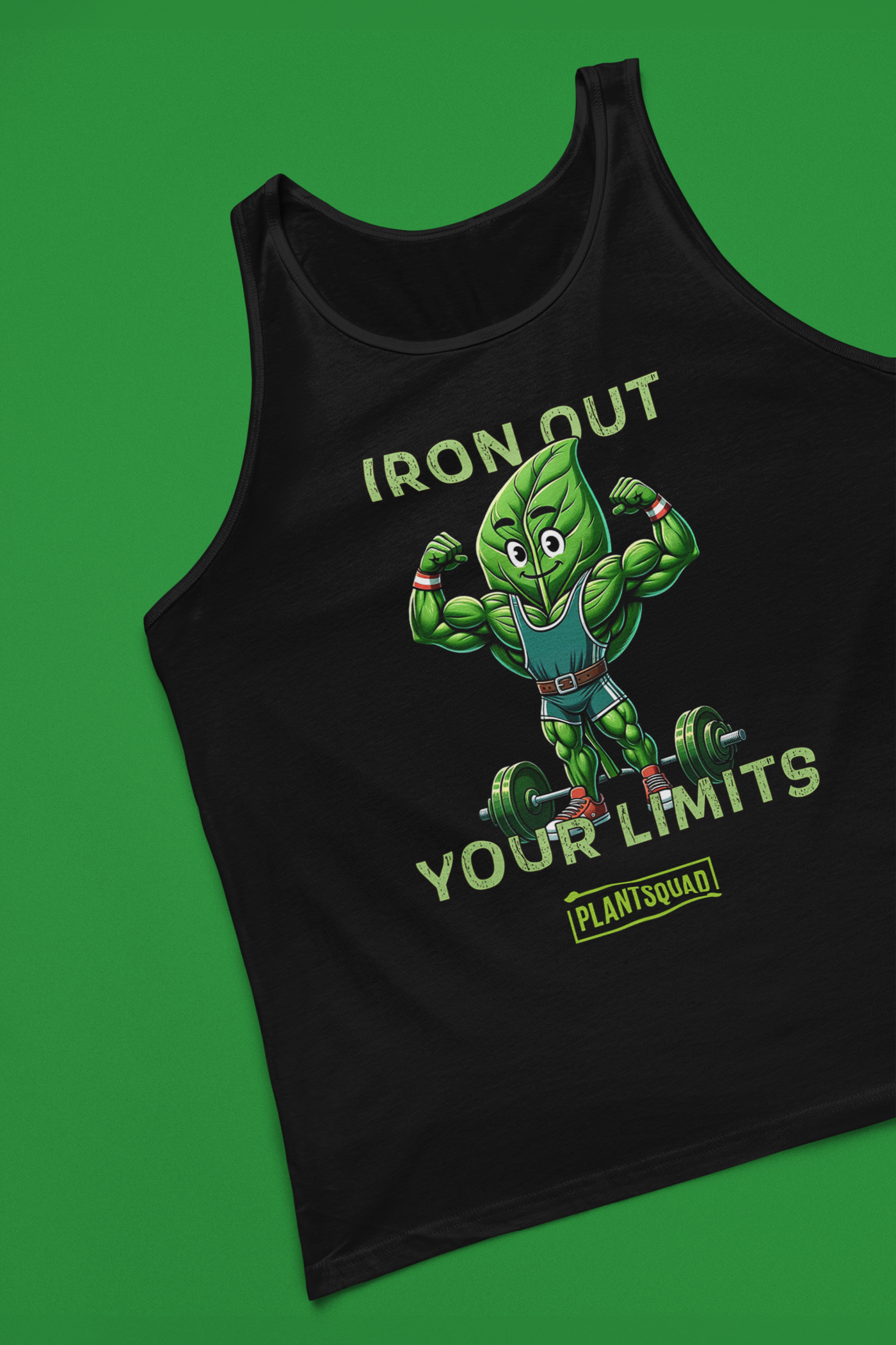 A Plantsquad Spinach "Iron Out Your Limits" - Unisex Tank Top features a cartoon muscular leaf character lifting weights, with the text "IRON OUT YOUR LIMITS" above and below the character, perfect for gym enthusiasts. Below the text is a logo with "PLANTSQUAD" written on it. Crafted from breathable fabric, it's ideal for a plant-based lifestyle.