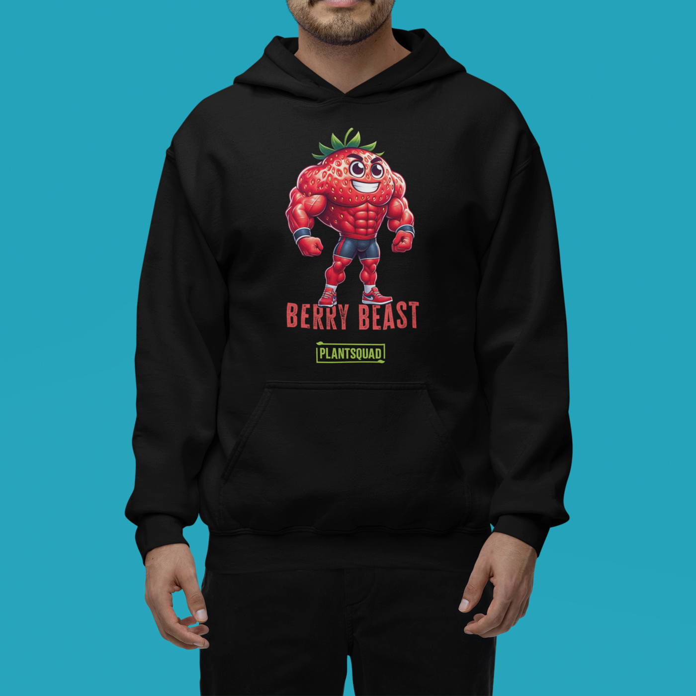 A Plantsquad Strawberry "Berry Beast" - Unisex Hoodie featuring a cartoonish, muscular strawberry character wearing red shorts and gloves. The character stands confidently with the text "Berry Beast" above and "Plant Squad" below—perfect for those embracing the vegan lifestyle.