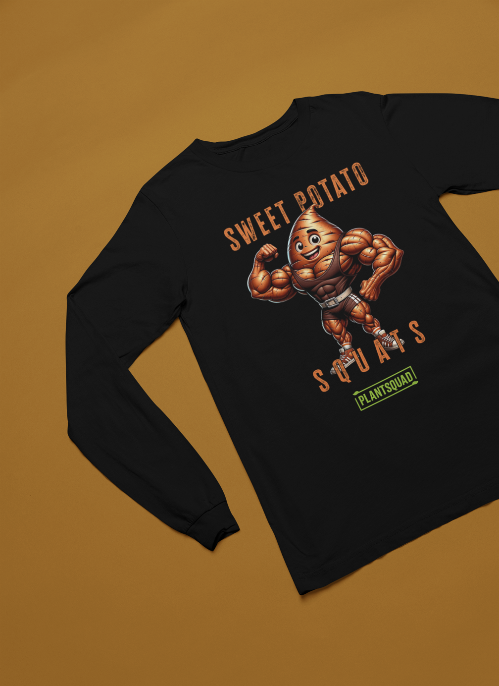 A Plantsquad Sweet Potato "Sweet Potato Squats" - Unisex Long Sleeve T-Shirt, perfect for those embracing a vegan lifestyle.
