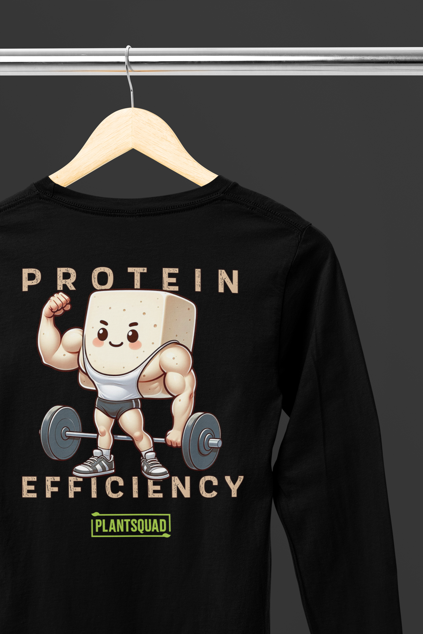 A Plantsquad Tofu "Protein Efficiency" - Unisex Long Sleeve T-Shirt featuring a cartoon block of tofu with muscular arms, lifting a barbell. The text above the cartoon reads "PROTEIN EFFICIENCY" and below it says "PLANTSQUAD" in a green box, perfect for fitness enthusiasts embracing a vegan lifestyle.