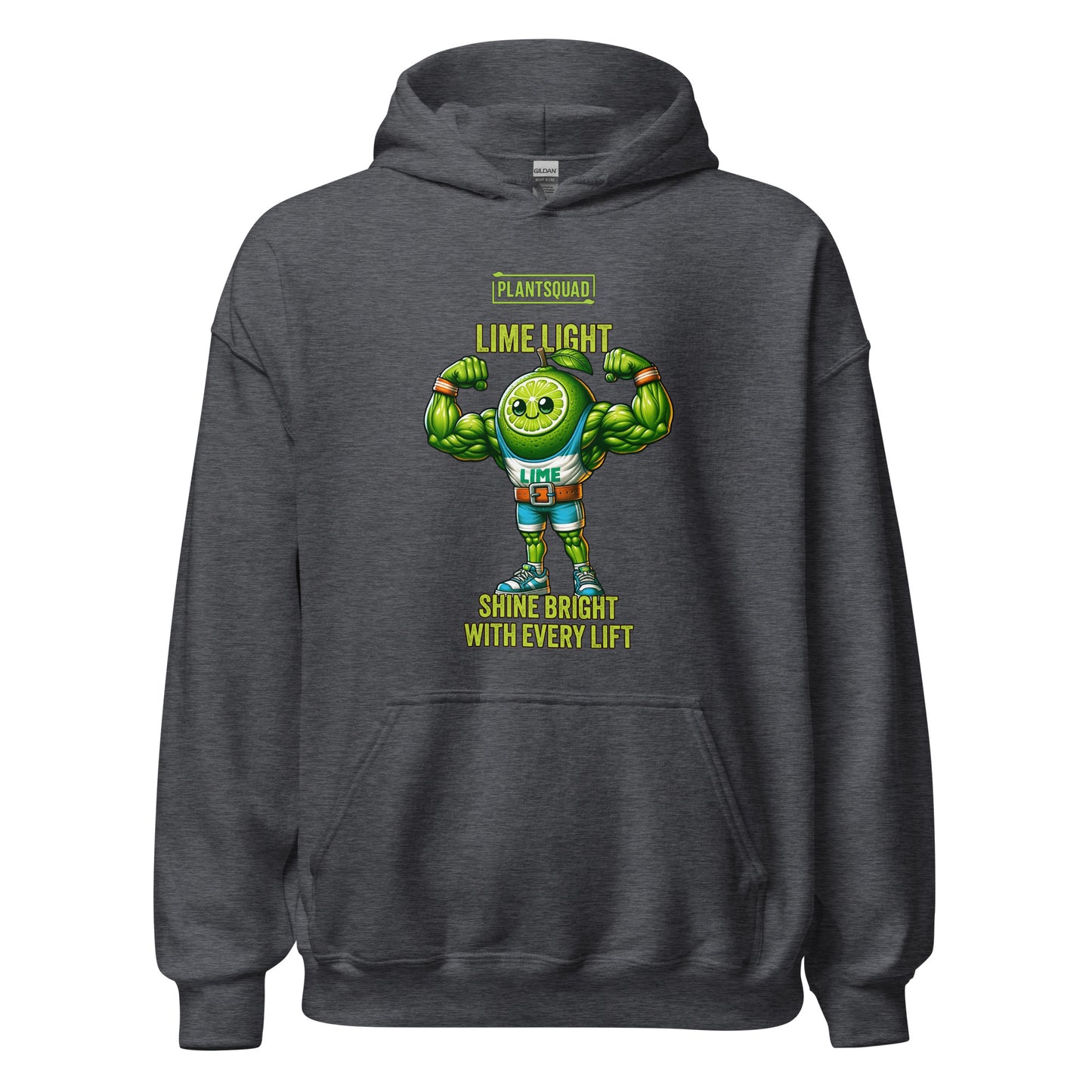 The Plantsquad Lime "Lime Light Shine Bright With Every Lift" - Unisex Hoodie features a muscular, smiling lime character flexing its biceps. The text above reads "PLANTSQUAD" and "LIME LIGHT," while below it says "SHINE BRIGHT WITH EVERY LIFT." Perfect for those embracing a plant-based lifestyle, the bright green lime stands out against the dark background.