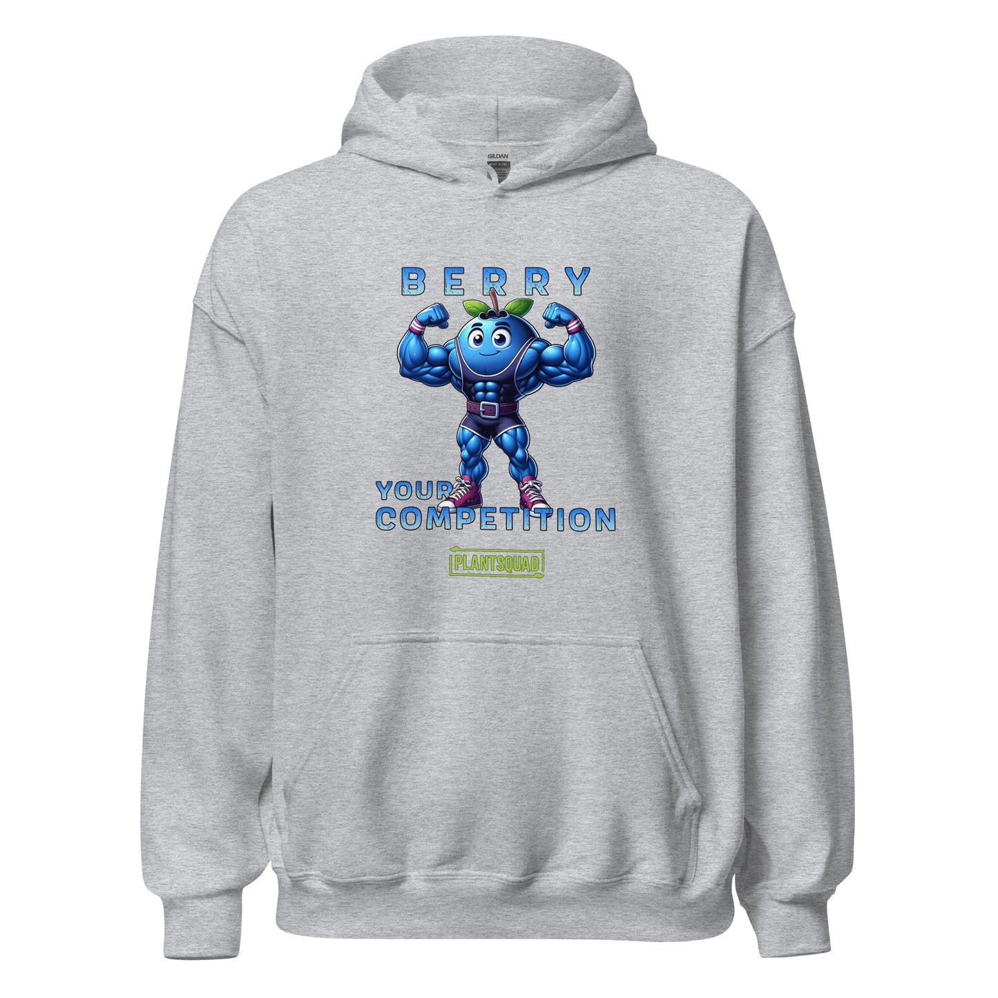This Plantsquad Blueberry "Berry Your Competition" - Unisex Hoodie features a muscular blueberry cartoon flexing its arms. Above, the text reads "BERRY," and below, "YOUR COMPETITION" is written. A small green and yellow label with the word "PLANTSQUAD" is at the bottom, perfect for those embracing a plant-based lifestyle.