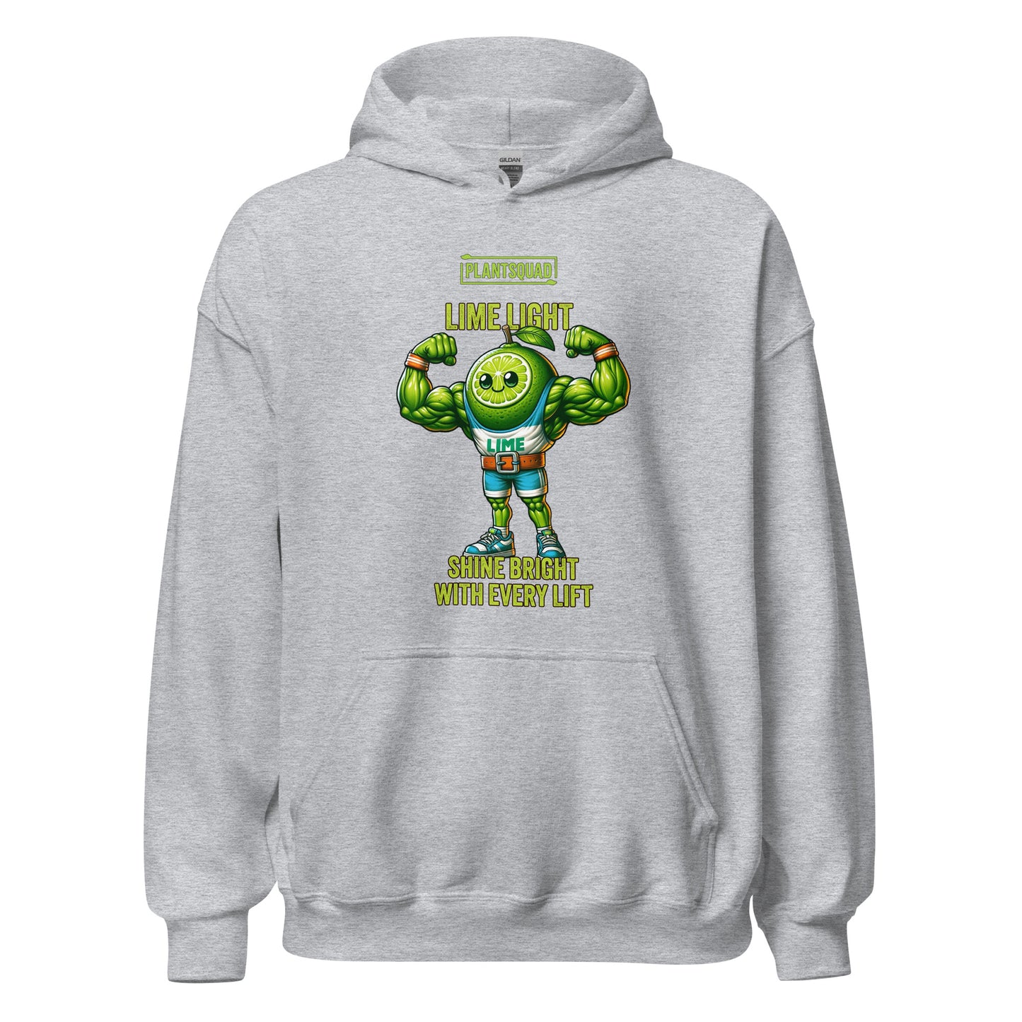 The Plantsquad Lime "Lime Light Shine Bright With Every Lift" - Unisex Hoodie features a muscular, smiling lime character flexing its biceps. The text above reads "PLANTSQUAD" and "LIME LIGHT," while below it says "SHINE BRIGHT WITH EVERY LIFT." Perfect for those embracing a plant-based lifestyle, the bright green lime stands out against the dark background.