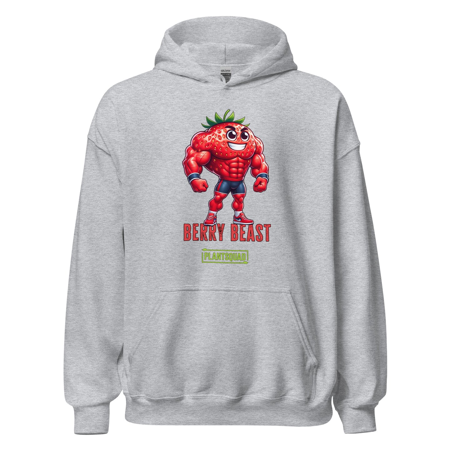 A Plantsquad Strawberry "Berry Beast" - Unisex Hoodie featuring a cartoonish, muscular strawberry character wearing red shorts and gloves. The character stands confidently with the text "Berry Beast" above and "Plant Squad" below—perfect for those embracing the vegan lifestyle.