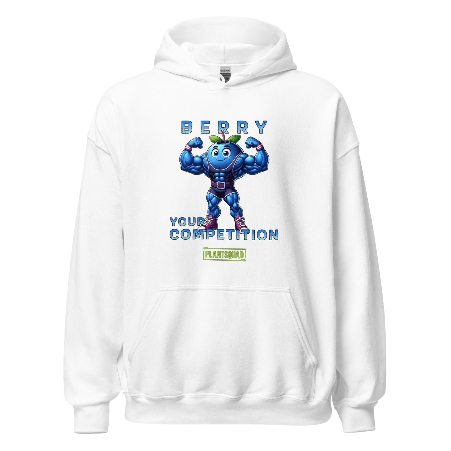 This Plantsquad Blueberry "Berry Your Competition" - Unisex Hoodie features a muscular blueberry cartoon flexing its arms. Above, the text reads "BERRY," and below, "YOUR COMPETITION" is written. A small green and yellow label with the word "PLANTSQUAD" is at the bottom, perfect for those embracing a plant-based lifestyle.