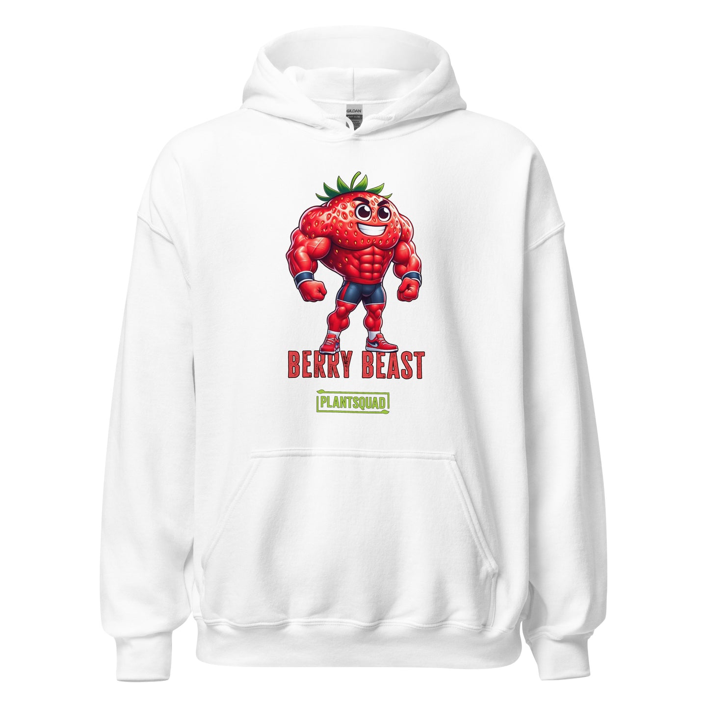 A Plantsquad Strawberry "Berry Beast" - Unisex Hoodie featuring a cartoonish, muscular strawberry character wearing red shorts and gloves. The character stands confidently with the text "Berry Beast" above and "Plant Squad" below—perfect for those embracing the vegan lifestyle.