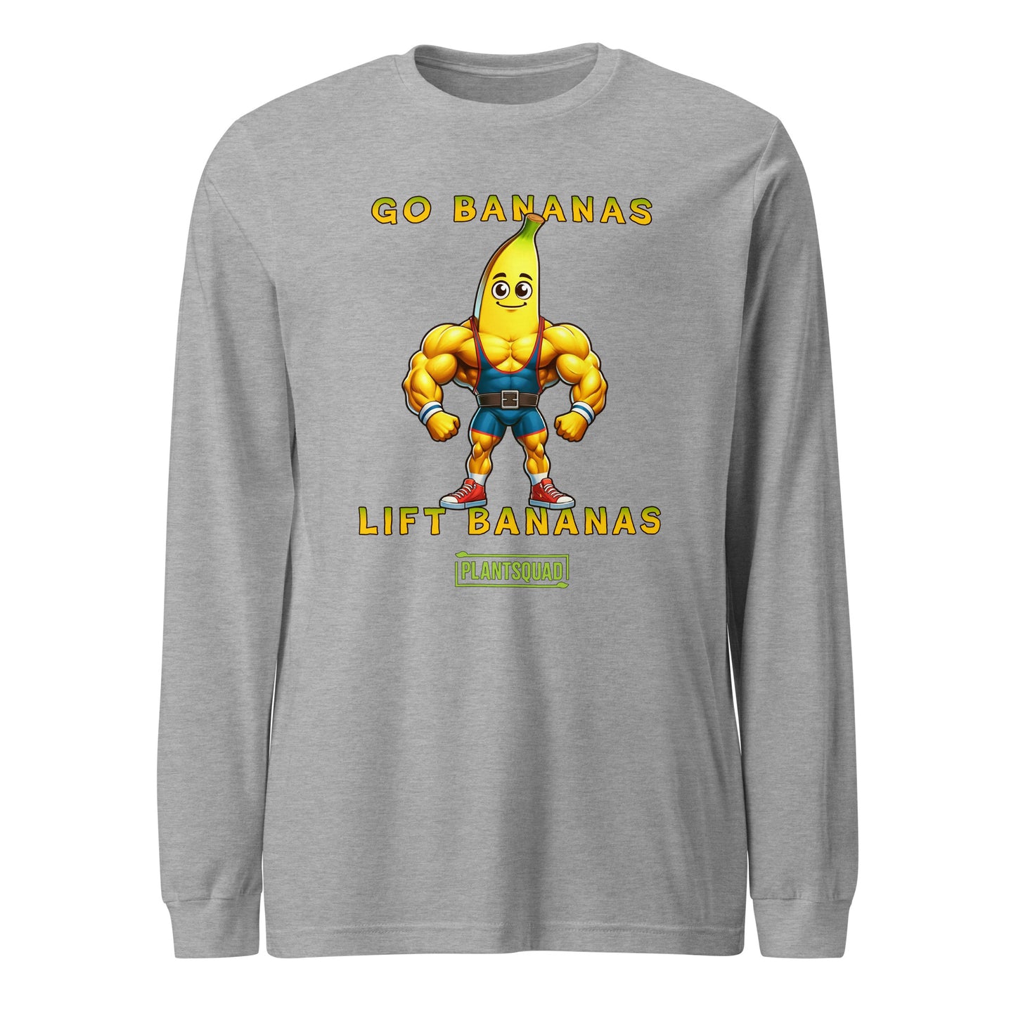 The Plantsquad Banana "Go Bananas Lift Bananas" - Unisex Long Sleeve T-Shirt features a muscular cartoon banana character wearing blue shorts and white shoes. The text above the banana says, "GO BANANAS," and the text below says, "LIFT BANANAS." Perfect for fitness enthusiasts embracing a plant-based lifestyle, it sports the logo "PLANTSQUAD" at the bottom.