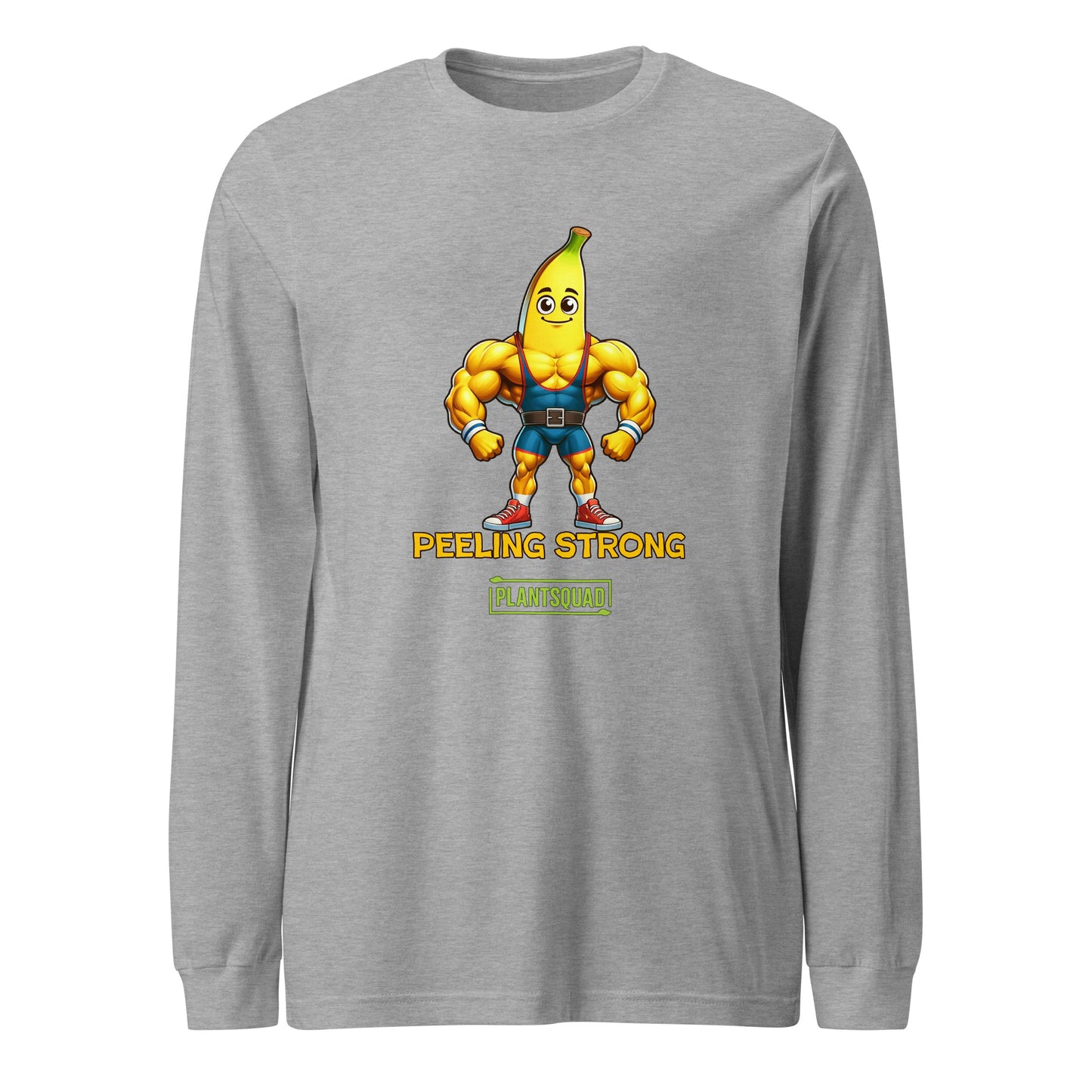 A Plantsquad Banana "Peeling Strong" - Unisex Long Sleeve T-Shirt featuring a muscly banana cartoon with a smiling face and flexing arms. Below the banana, the text reads "PEELING STRONG" and "PLANTSQUAD," perfect for fitness enthusiasts embracing a vegan lifestyle.