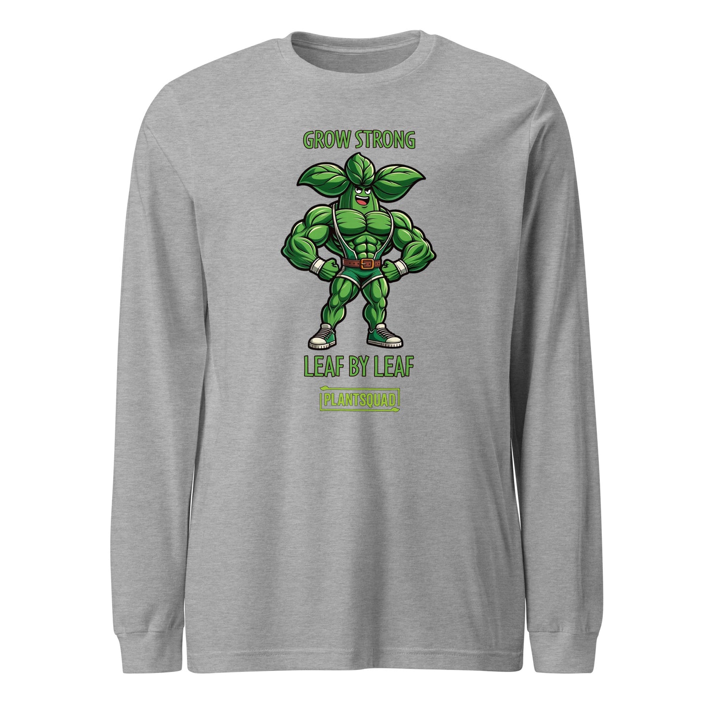 A black long-sleeve t-shirt featuring an illustration of a muscular, anthropomorphic green leaf superhero. Above the image is the text "GROW STRONG," and below it reads "LEAF BY LEAF." The bottom features the word "PLANTSQUAD," perfect for those embracing a vegan lifestyle or seeking plant-based clothing. Introducing the Plantsquad Basil "Grow Strong Leaf By Leaf" - Unisex Long Sleeve T-Shirt.