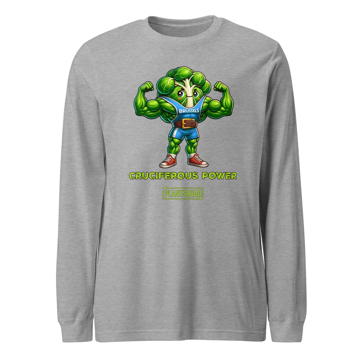 A Plantsquad Brussel Sprout "Cruciferous Power" - Unisex Long Sleeve T-Shirt featuring a muscly animated character resembling a brussel sprout, labeled "Bruulis" on its chest. The text below the character reads, "CRUCIFEROUS POWER" in yellow and "PLANTSQUAD" in green. Perfect for fans of vegan fitness and a plant-based lifestyle.