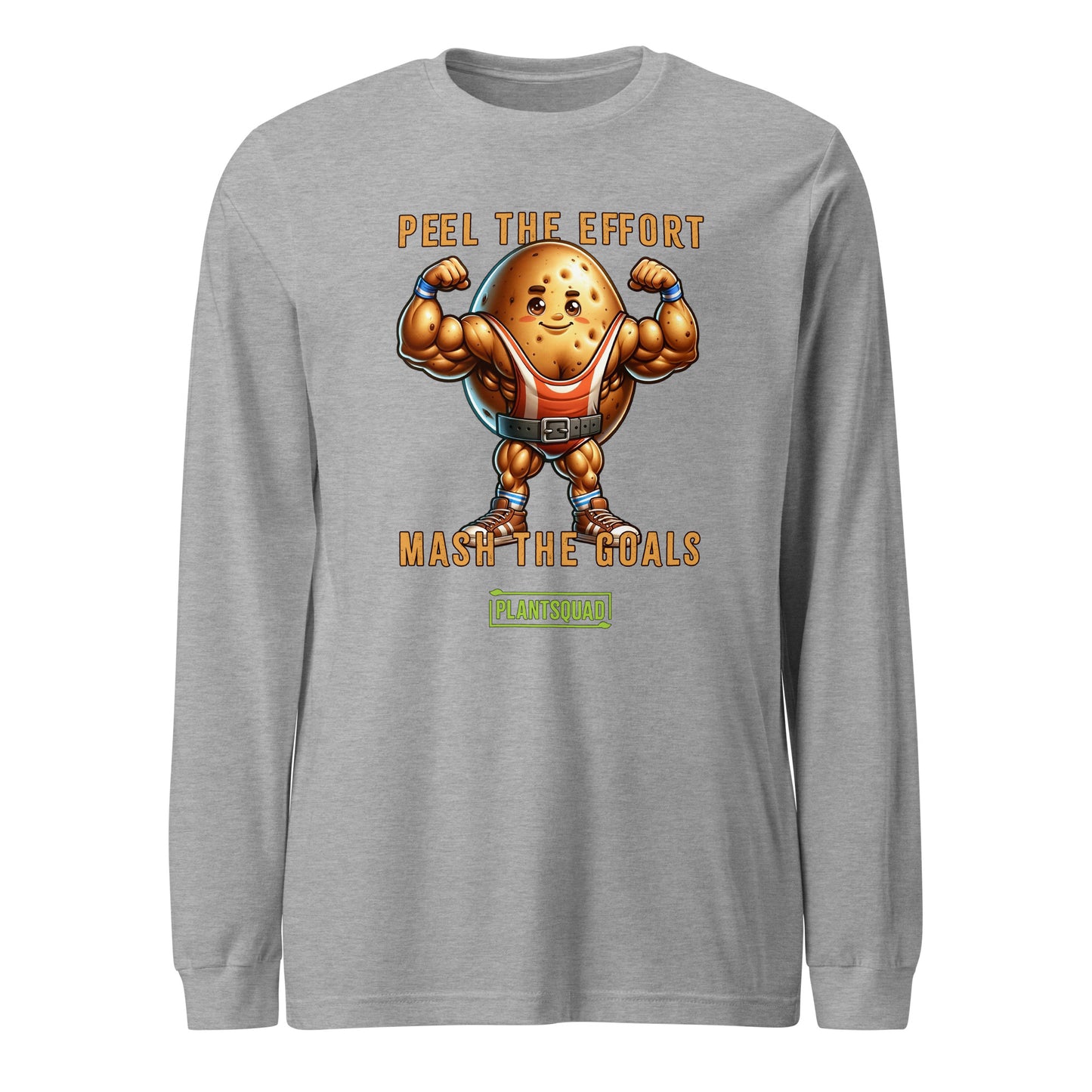 A black long-sleeve shirt features a muscly potato cartoon flexing its arms. Above it is the text "Peel the Effort," and below it reads "Mash the Goals." Embrace a plant-based lifestyle with this fun design, complete with a green label at the bottom reading "PLANTSQUAD." This is available as the Plantsquad Potato "Peel The Effort Mash The Goals" - Unisex Hoodie.