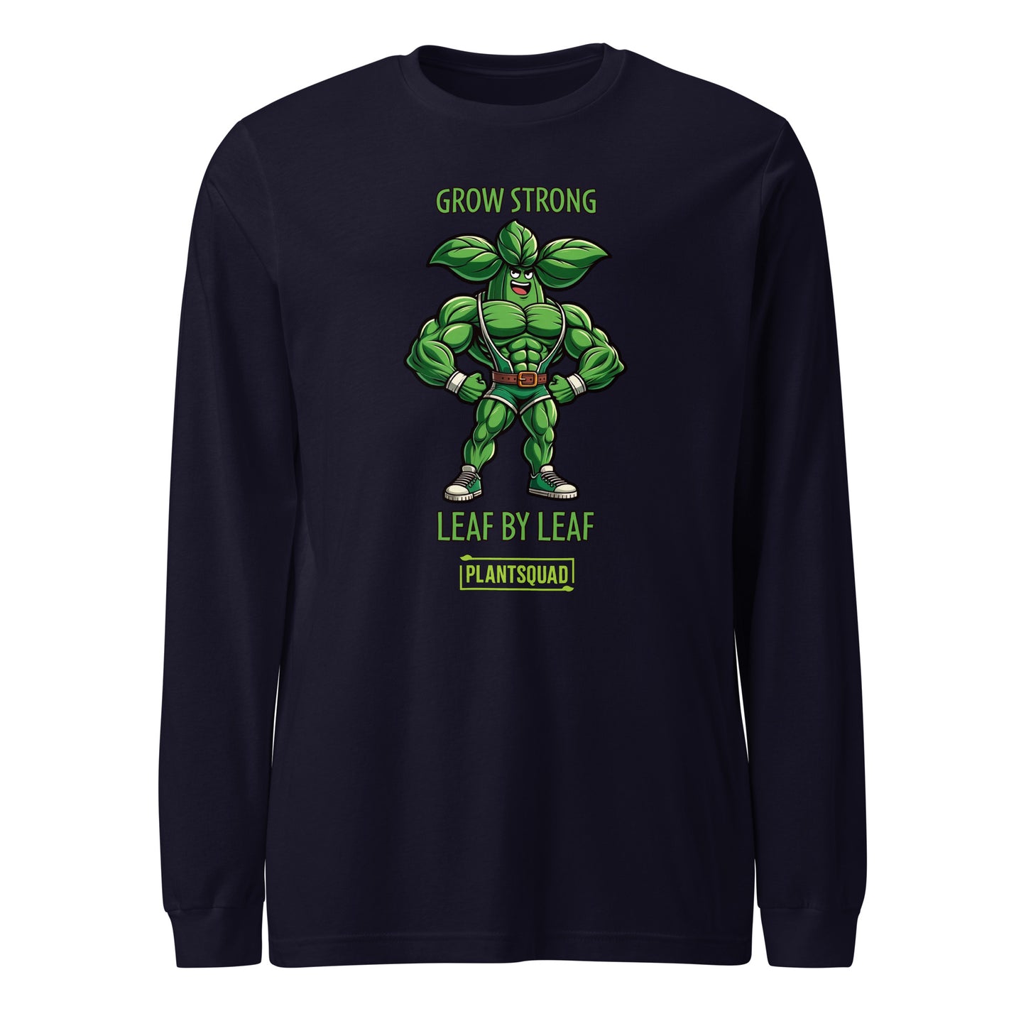 A black long-sleeve t-shirt featuring an illustration of a muscular, anthropomorphic green leaf superhero. Above the image is the text "GROW STRONG," and below it reads "LEAF BY LEAF." The bottom features the word "PLANTSQUAD," perfect for those embracing a vegan lifestyle or seeking plant-based clothing. Introducing the Plantsquad Basil "Grow Strong Leaf By Leaf" - Unisex Long Sleeve T-Shirt.