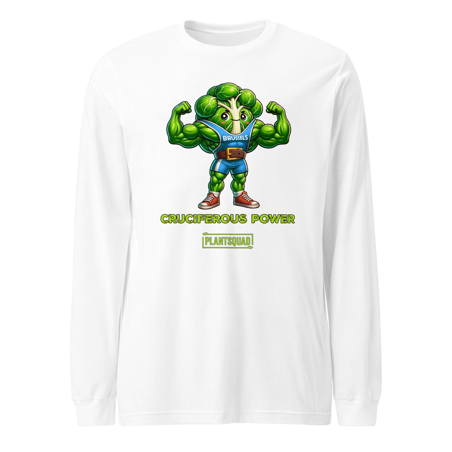 A Plantsquad Brussel Sprout "Cruciferous Power" - Unisex Long Sleeve T-Shirt featuring a muscly animated character resembling a brussel sprout, labeled "Bruulis" on its chest. The text below the character reads, "CRUCIFEROUS POWER" in yellow and "PLANTSQUAD" in green. Perfect for fans of vegan fitness and a plant-based lifestyle.