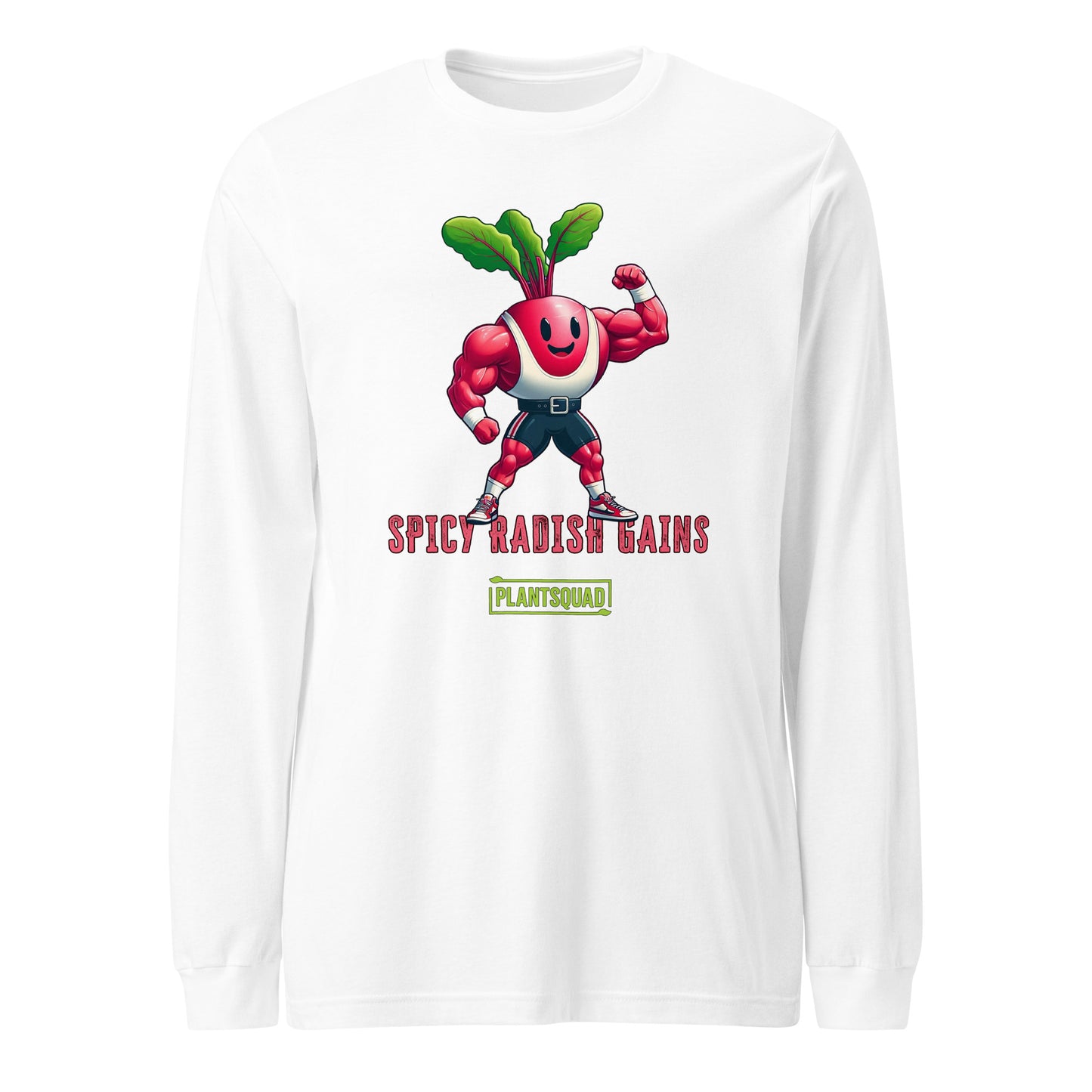 Plantsquad Radish "Spicy Radish Gains" - Unisex Long Sleeve T-Shirt featuring a cartoon image of a muscular, flexing radish in blue shorts and a white belt. Text below the image reads "SPICY RADISH GAINS" in red, with "PLANTSQUAD" in green beneath it. Perfect for fitness enthusiasts embracing a vegan lifestyle.