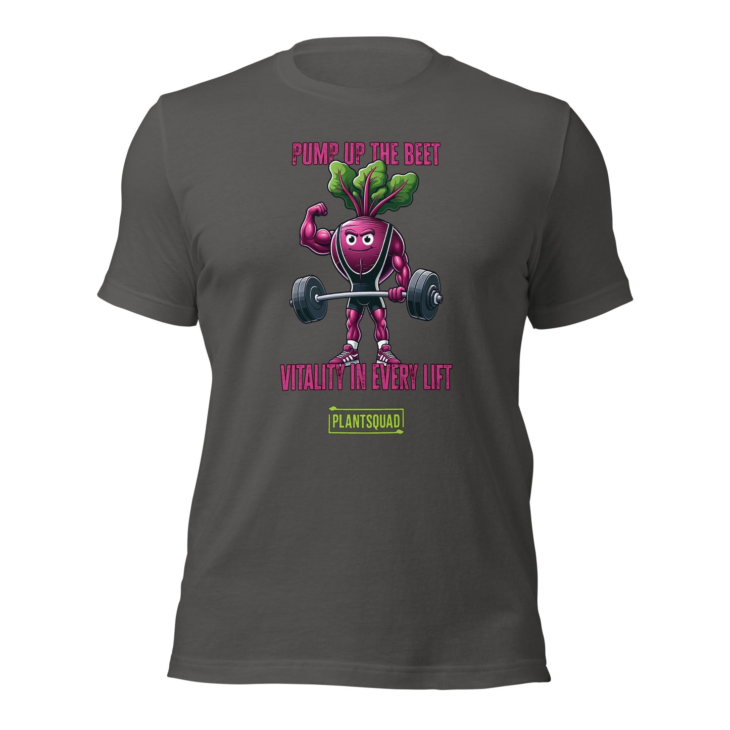 A Plantsquad Beetroot "Pump Up The Beet Vitality In Every Lift" - Unisex T-Shirt showcasing a cartoon beetroot lifting weights with muscular arms. The design includes the text "PUMP UP THE BEET" above the image and "VITALITY IN EVERY LIFT" below it. The phrase "PLANTSQUAD" is prominently displayed at the bottom in yellow and green.