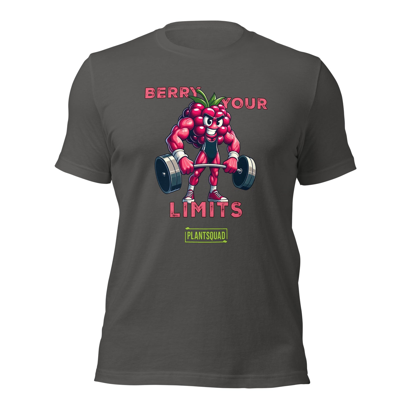 A black t-shirt displays a muscular anthropomorphic berry lifting dumbbells. Above, text reads, "Berry Your Limits," celebrating vegan fitness. At the bottom, the word "PlantSquad" is enclosed in a green box. The berry character is detailed with sneakers and a prominent expression.
Product Name: Plantsquad Raspberry "Berry Your Limits" - Unisex T-Shirt