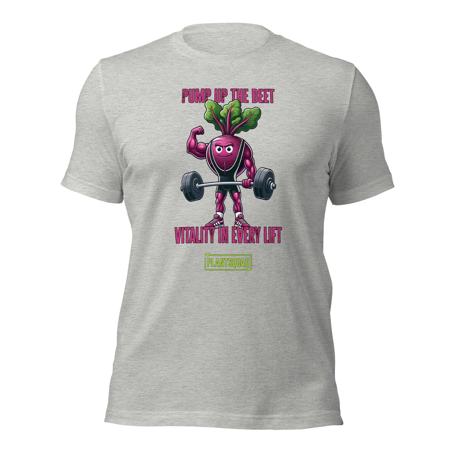A Plantsquad Beetroot "Pump Up The Beet Vitality In Every Lift" - Unisex T-Shirt showcasing a cartoon beetroot lifting weights with muscular arms. The design includes the text "PUMP UP THE BEET" above the image and "VITALITY IN EVERY LIFT" below it. The phrase "PLANTSQUAD" is prominently displayed at the bottom in yellow and green.