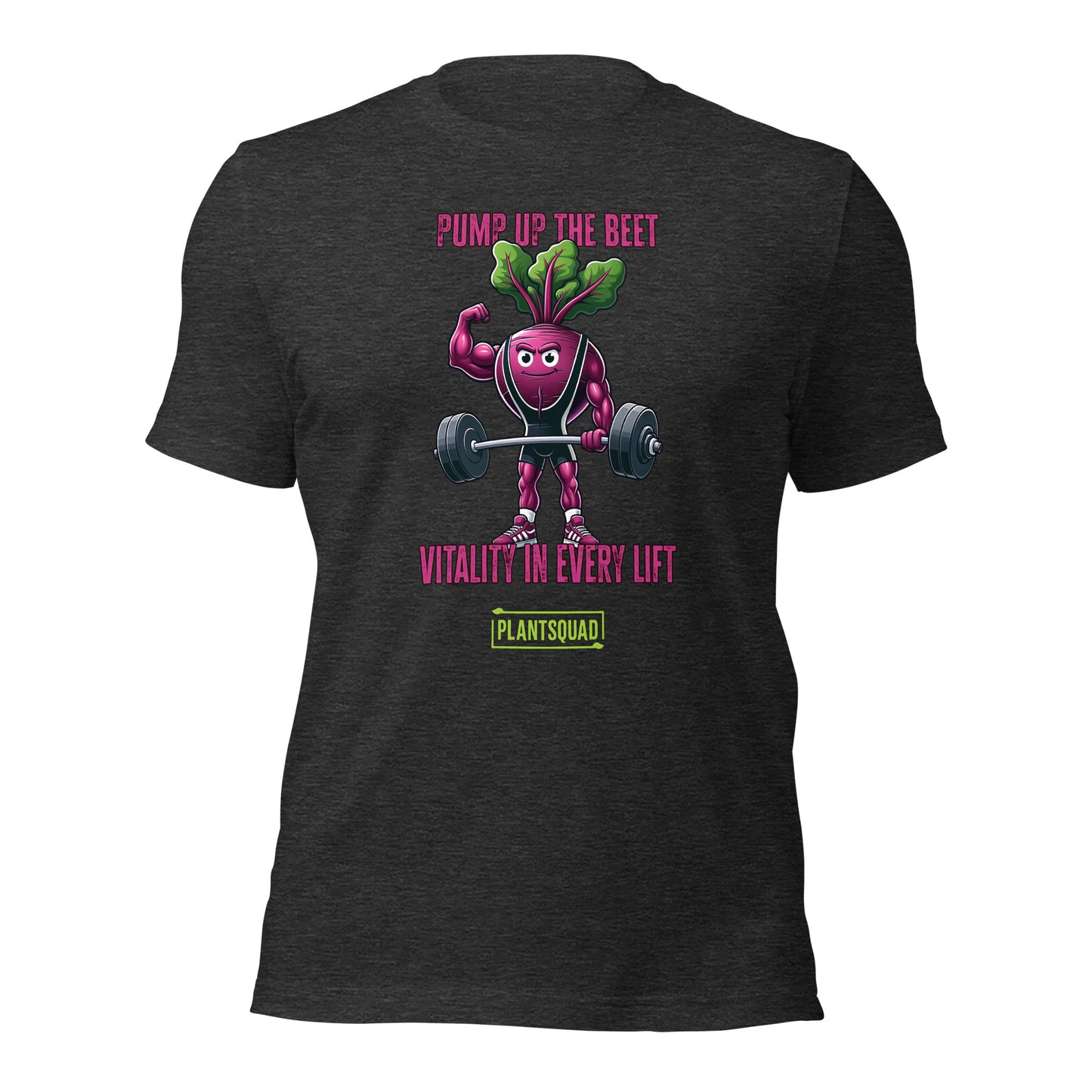 A Plantsquad Beetroot "Pump Up The Beet Vitality In Every Lift" - Unisex T-Shirt showcasing a cartoon beetroot lifting weights with muscular arms. The design includes the text "PUMP UP THE BEET" above the image and "VITALITY IN EVERY LIFT" below it. The phrase "PLANTSQUAD" is prominently displayed at the bottom in yellow and green.